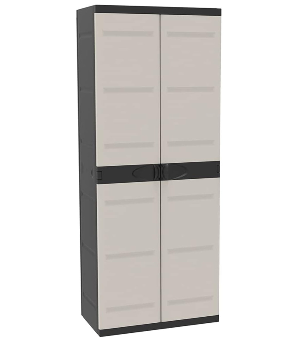 Armario de plástico, Beige y negro, 2 puertas, 4 baldas regulables en altura | Medidas: 176x70x41 cm
