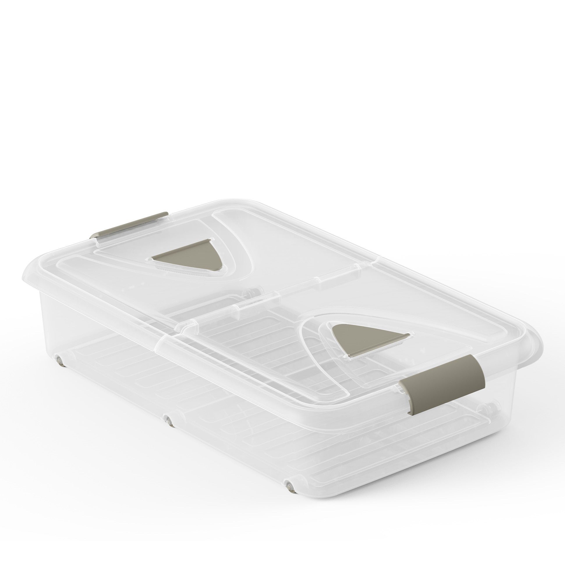 Caja de almacenaje de plástico transparente con ruedas y tapa, Capacidad 60 L, Medidas: 80x50x18 cm