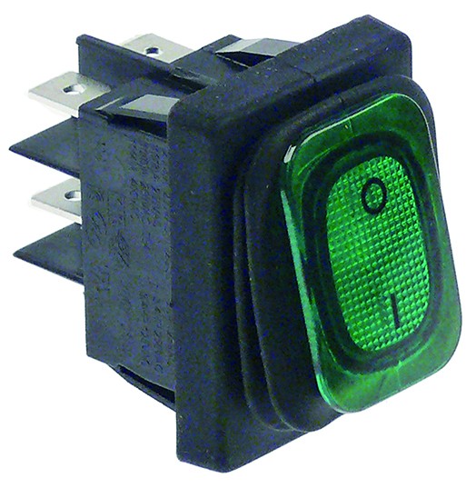 Interruptor basculante lavavajillas medida de montaje 30x22mm rectangular 2NO verde 250V 20A iluminado 0-I