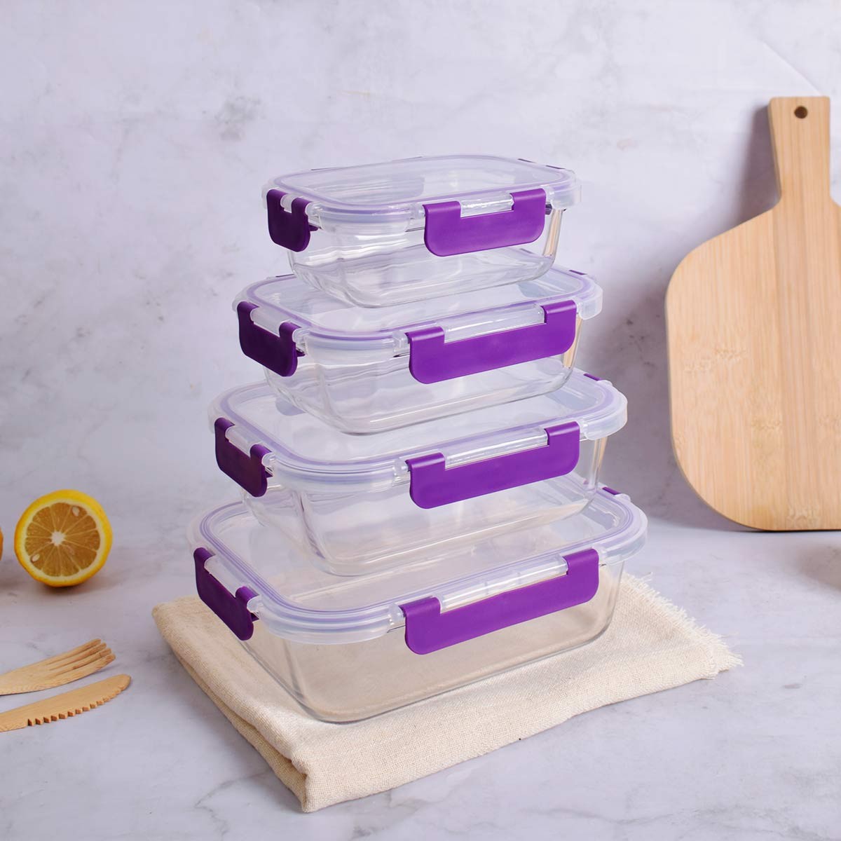 Recipientes de Cristal para Alimentos - 8 Piezas (4 recipientes y 4 tapas) - Apto para lavavajillas, Microondas y congelador - a