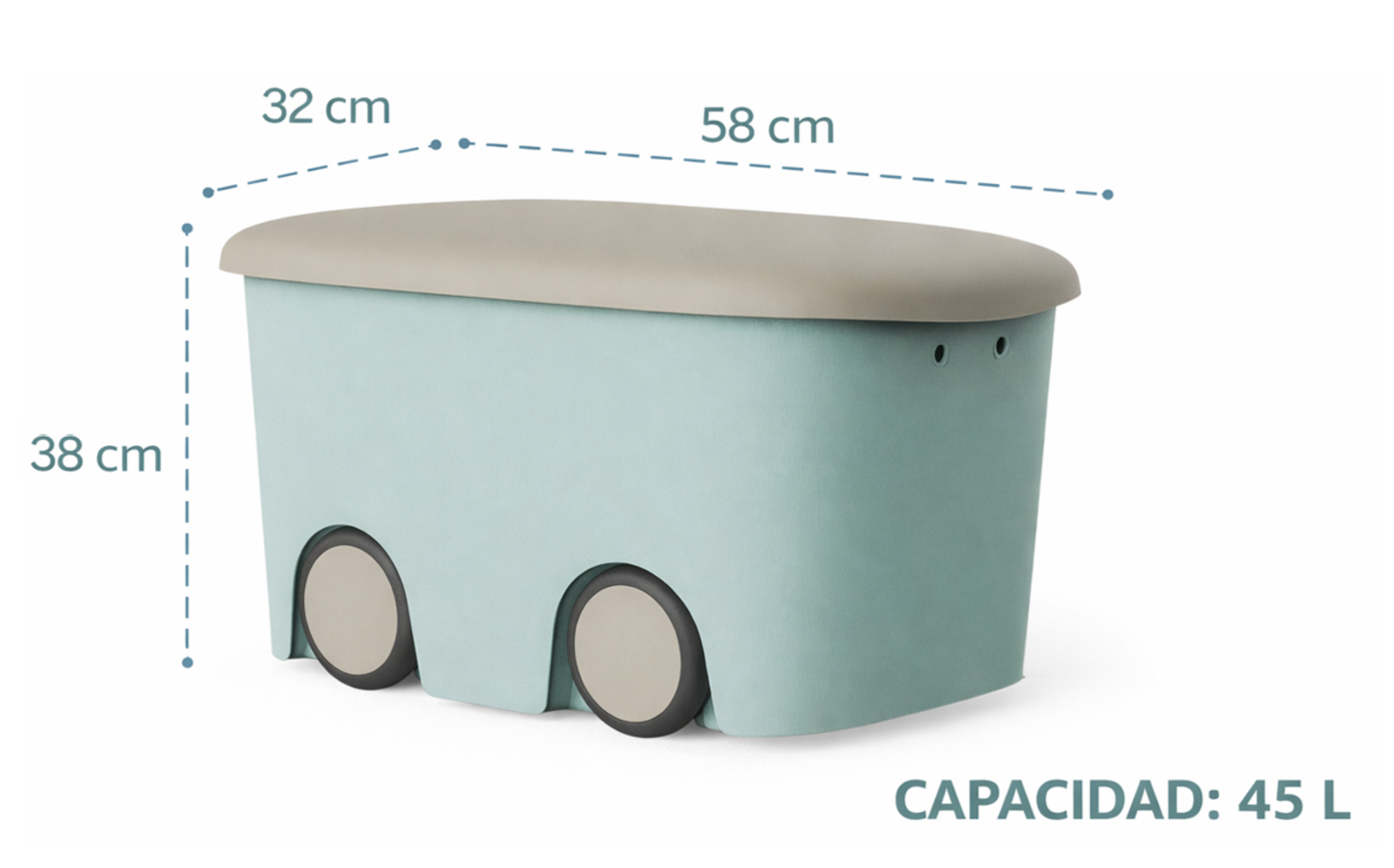Caja de almacenamiento de plástico con ruedas y tapa, color menta | 45 litros | Medidas: 58x38x32 cm