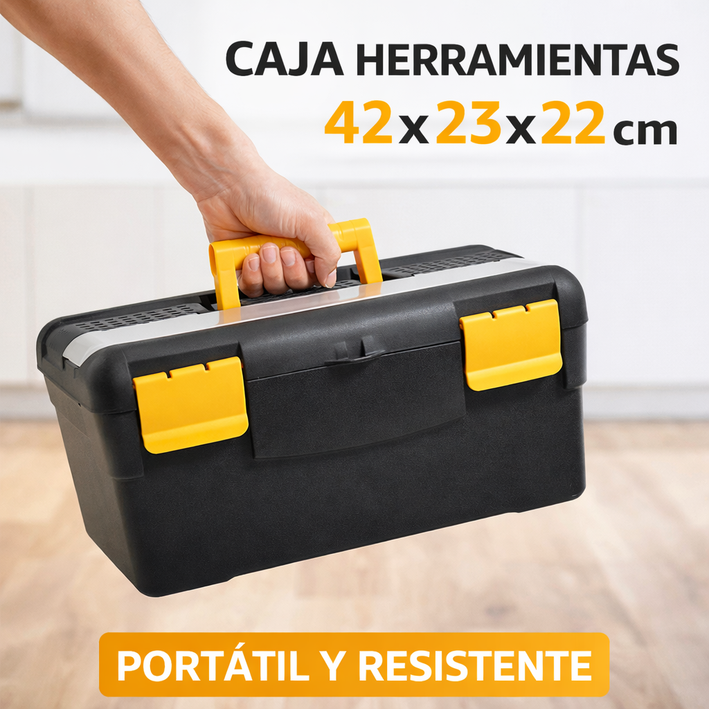 Caja herramientas de plástico con asa | Color Negro y Amarillo | Medidas: 42x23x22 cm