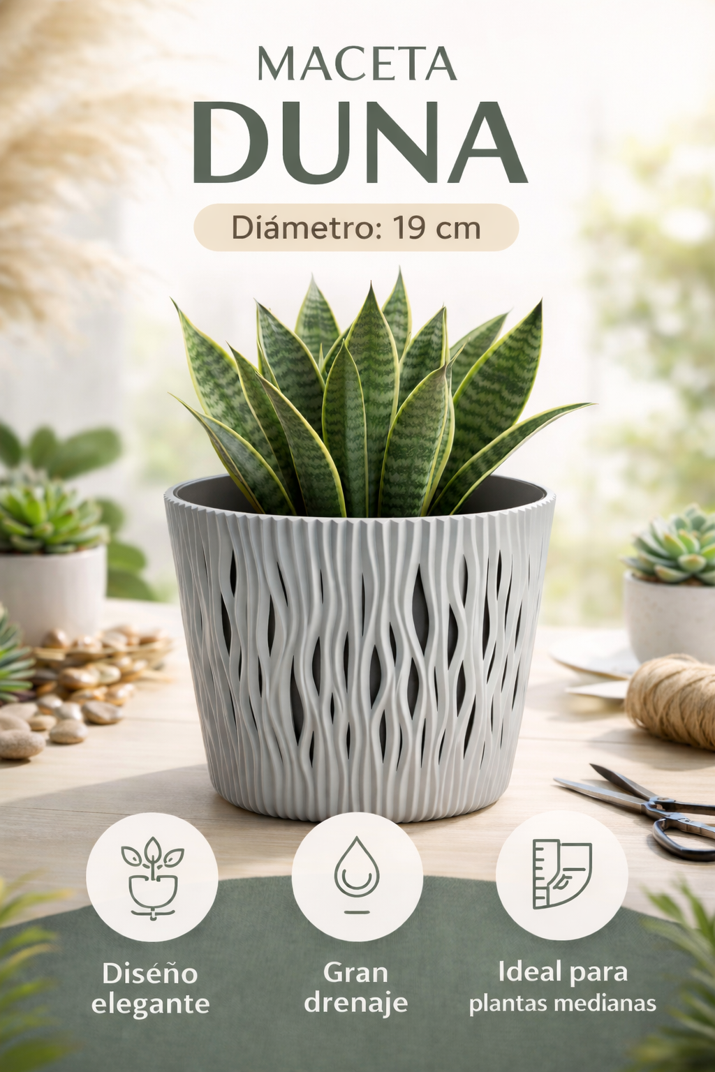 Maceta de plástico para jardín, terraza o balcón | Color: Gris | Diámetro: 19 cm | Diseño duna