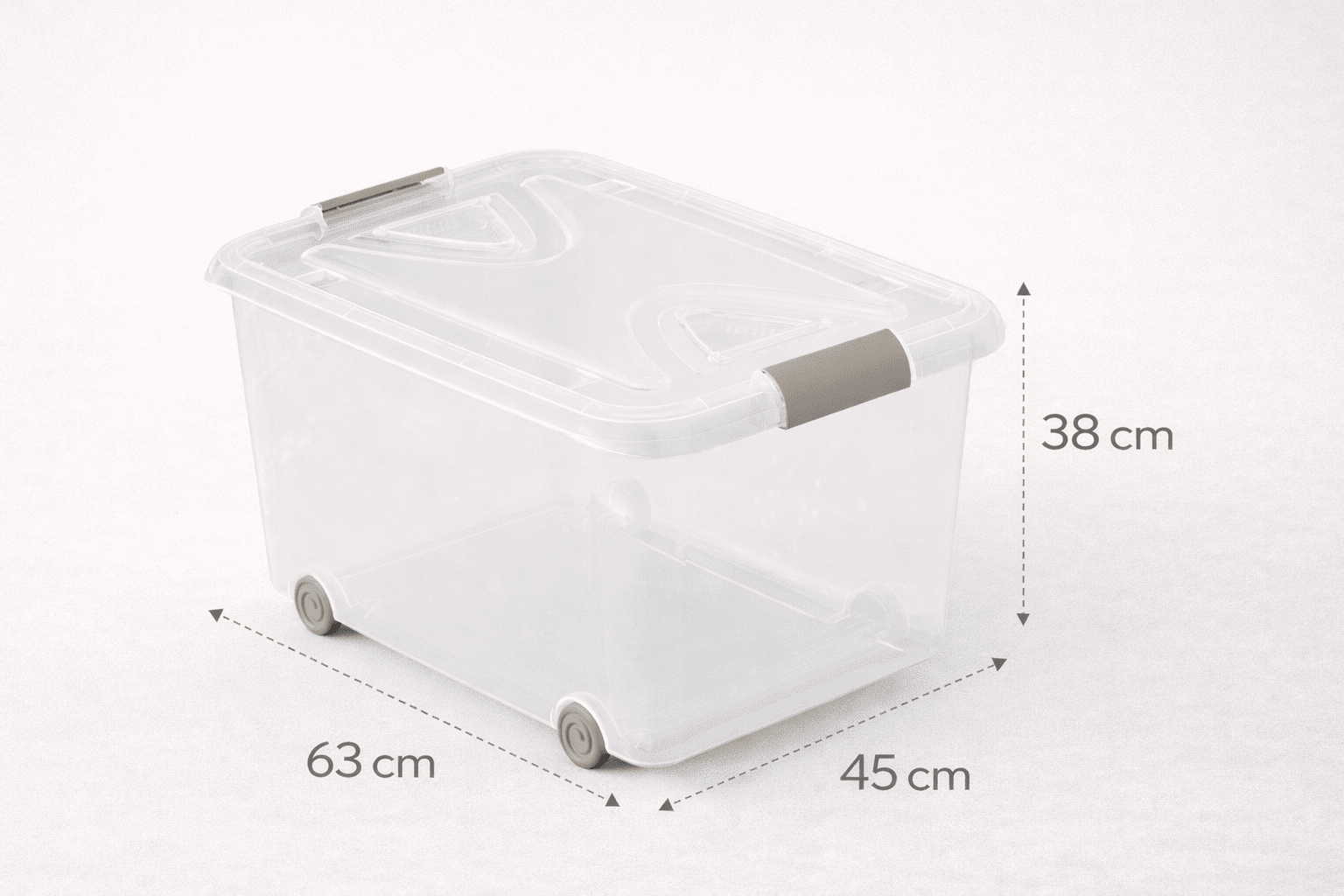 Caja de almacenaje de plástico transparente con ruedas y tapa, Capacidad 70 L, Medidas: 63x45x38 cm