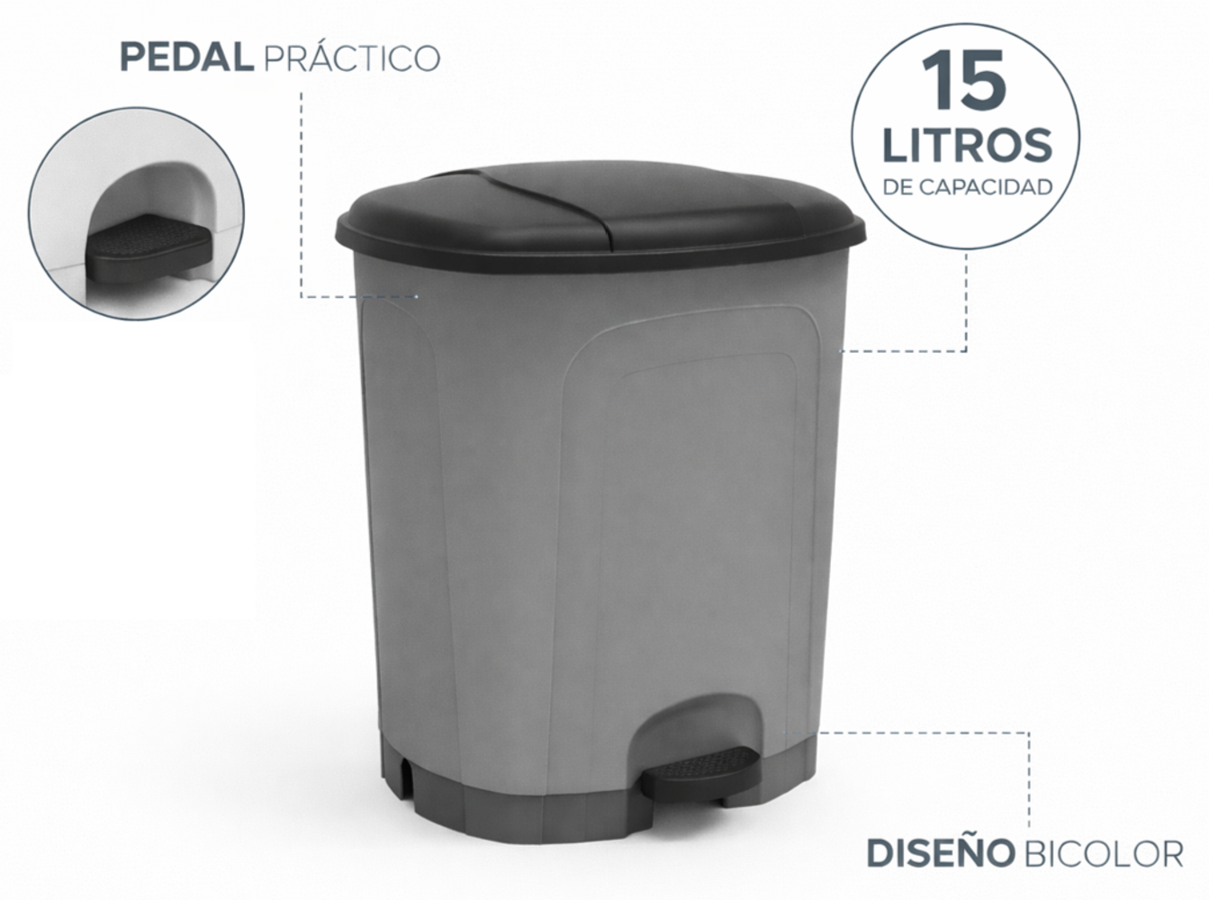 Cubo de basura cocina de plástico con pedal | Color Gris | Capacidad: 15 litros | Tapa color negro