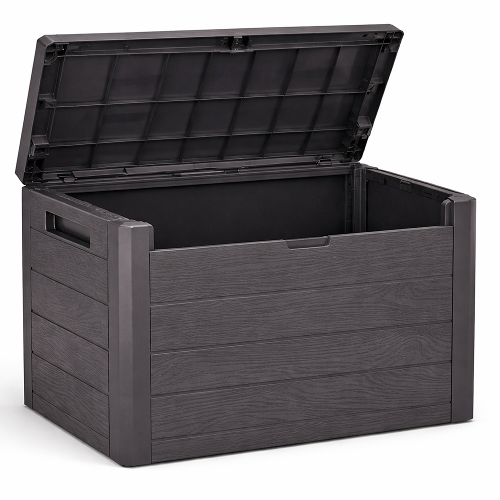 Baúl de almacenaje de plástico marrón estilo madera, tapa y dos asas, 140 L, Medidas: 585x460x550 mm