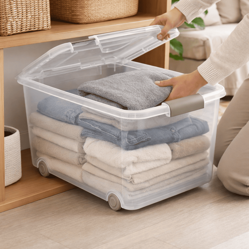 Caja de almacenaje de plástico transparente con ruedas y tapa, Capacidad 70 L, Medidas: 63x45x38 cm