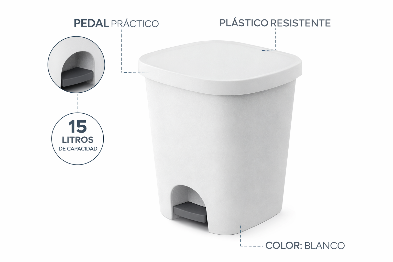 Cubo de plástico para cocina color blanco | Con pedal | Medidas: 42x35x30 cm | Capacidad 25 L