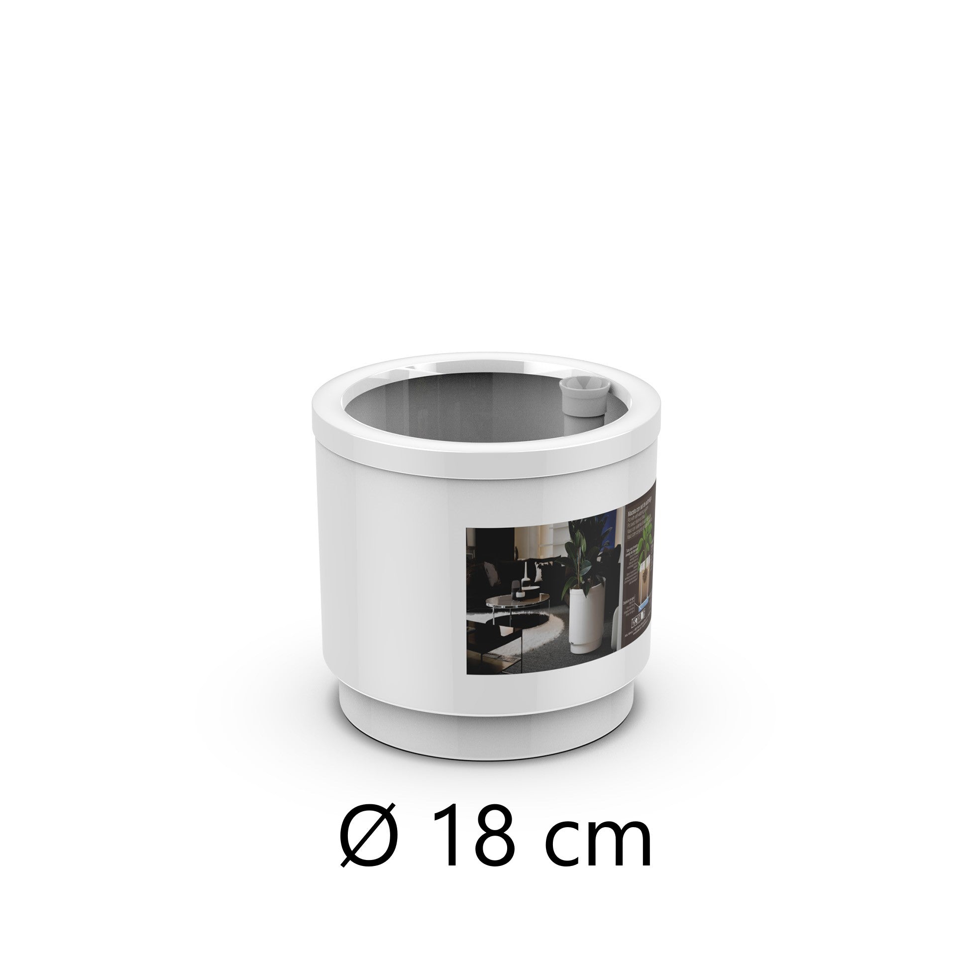Maceta de plástico con sistema de autorriego y depósito de agua, Blanco, ∅ 18cm, 4 Litros, Alto 17cm