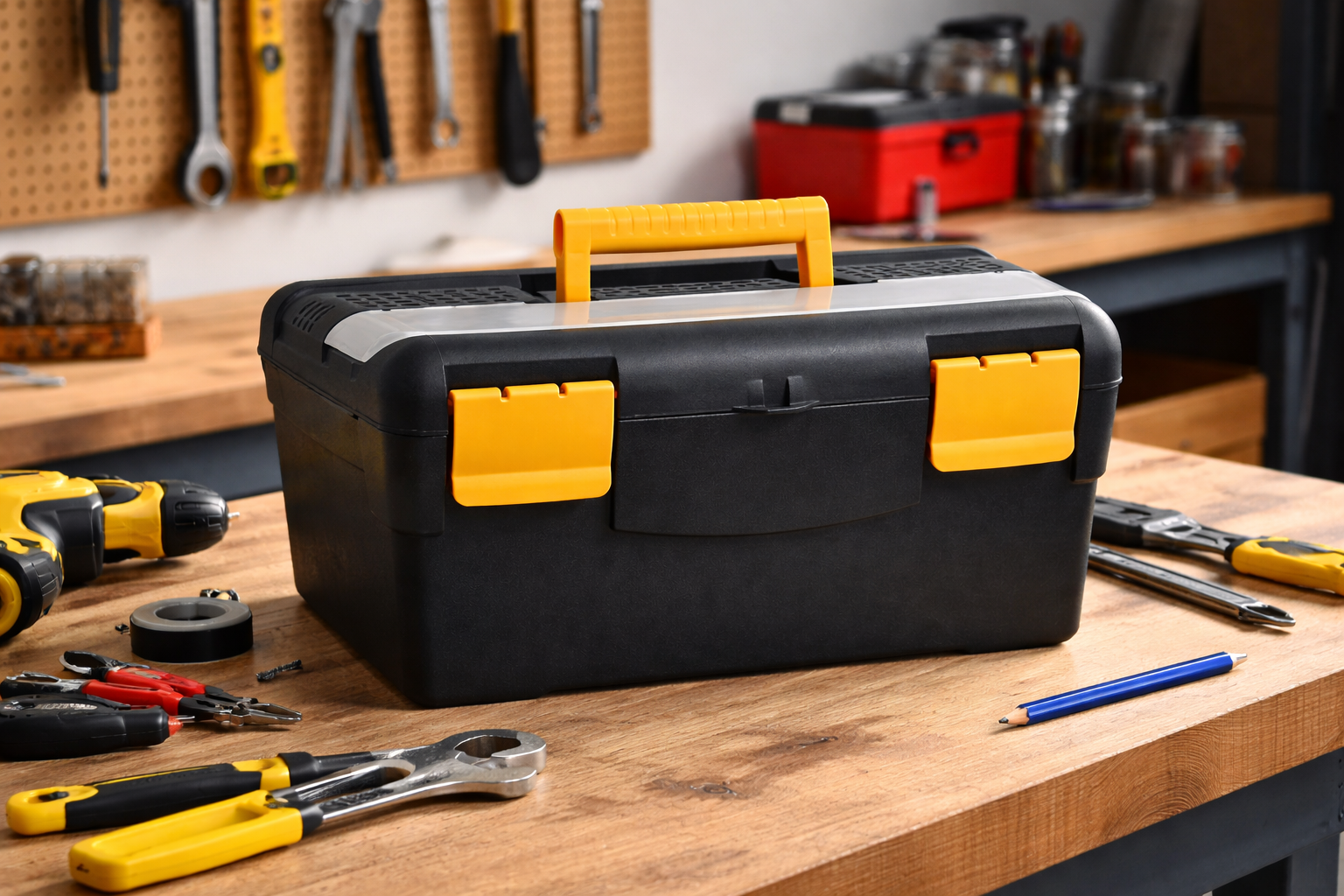 Caja herramientas de plástico con asa | Color Negro y Amarillo | Medidas: 42x23x22 cm