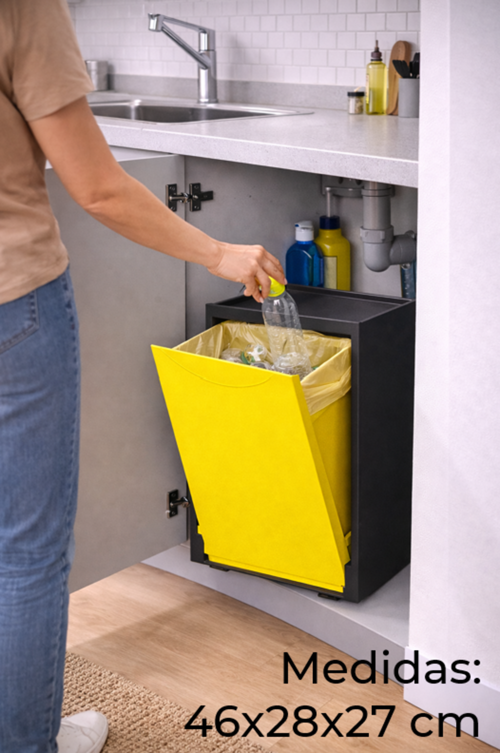 Cubo apilable de reciclaje de plástico con apertura frontal - Color Amarillo - Medidas: 46x28x27 cm