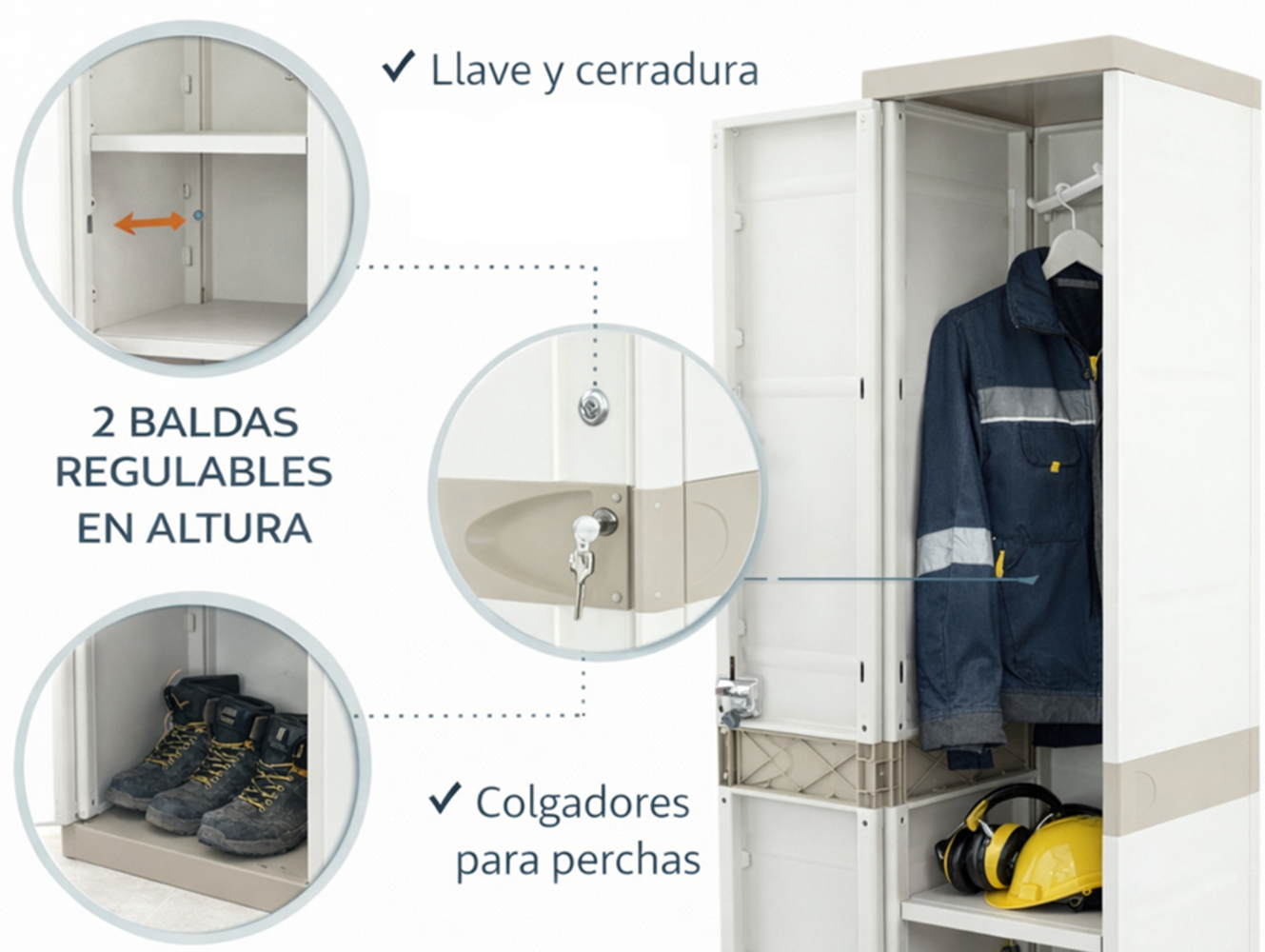 Taquilla de plástico color beige con llave, colgador, 2 baldas regulables | Medidas: 176x41x35 cm