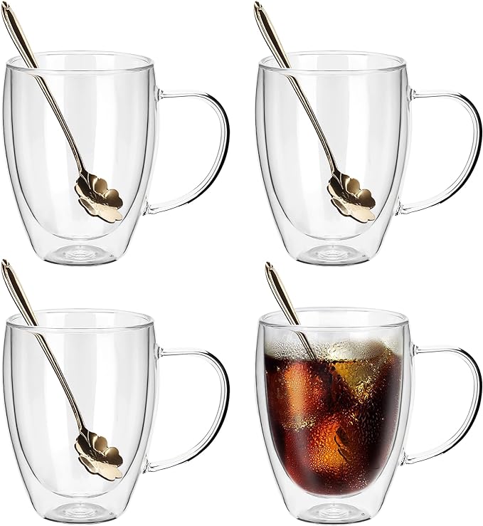 Set 4 vasos de doble cristal con asas 250 mL - Vaso térmico de doble capa perfecto mantener la temperatura de tus bebidas calie