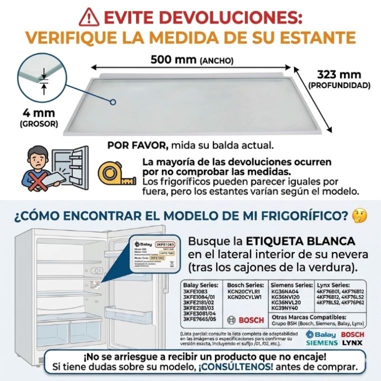 Estante de Cristal para Frigorífico 500x323mm | Bandeja de Vidrio de Repuesto Compatible con Balay, Bosch, Siemens, Lynx