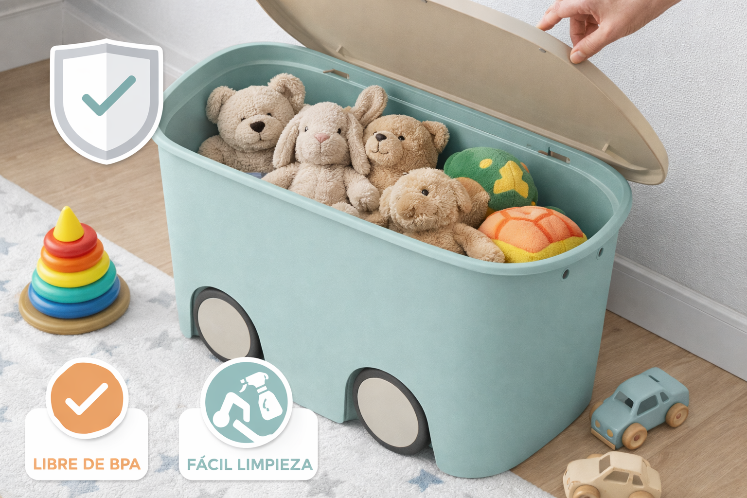 Caja de almacenamiento de plástico con ruedas y tapa, color menta | 45 litros | Medidas: 58x38x32 cm