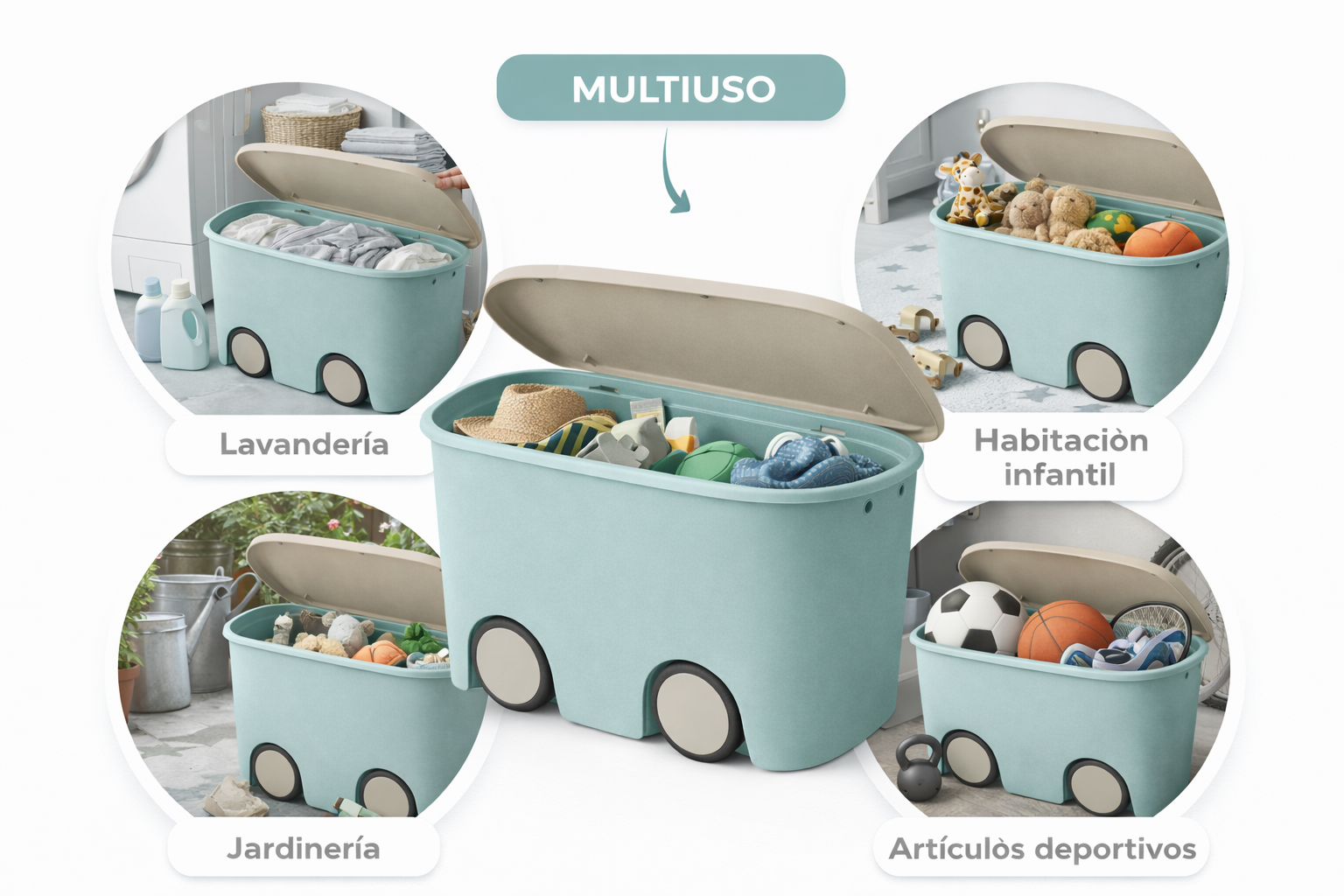 Caja de almacenamiento de plástico con ruedas y tapa, color menta | 45 litros | Medidas: 58x38x32 cm