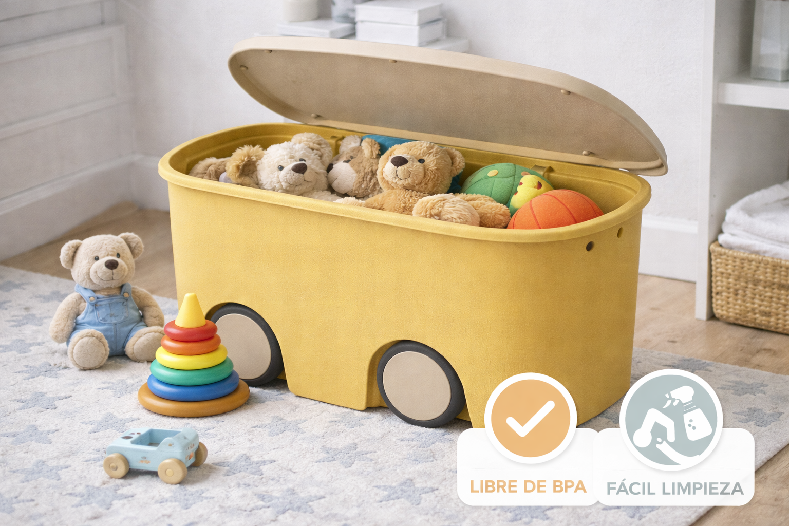 Caja almacenamiento de plástico con ruedas y tapa | Color amarillo | 45 litros | Medidas 58x38x32 cm