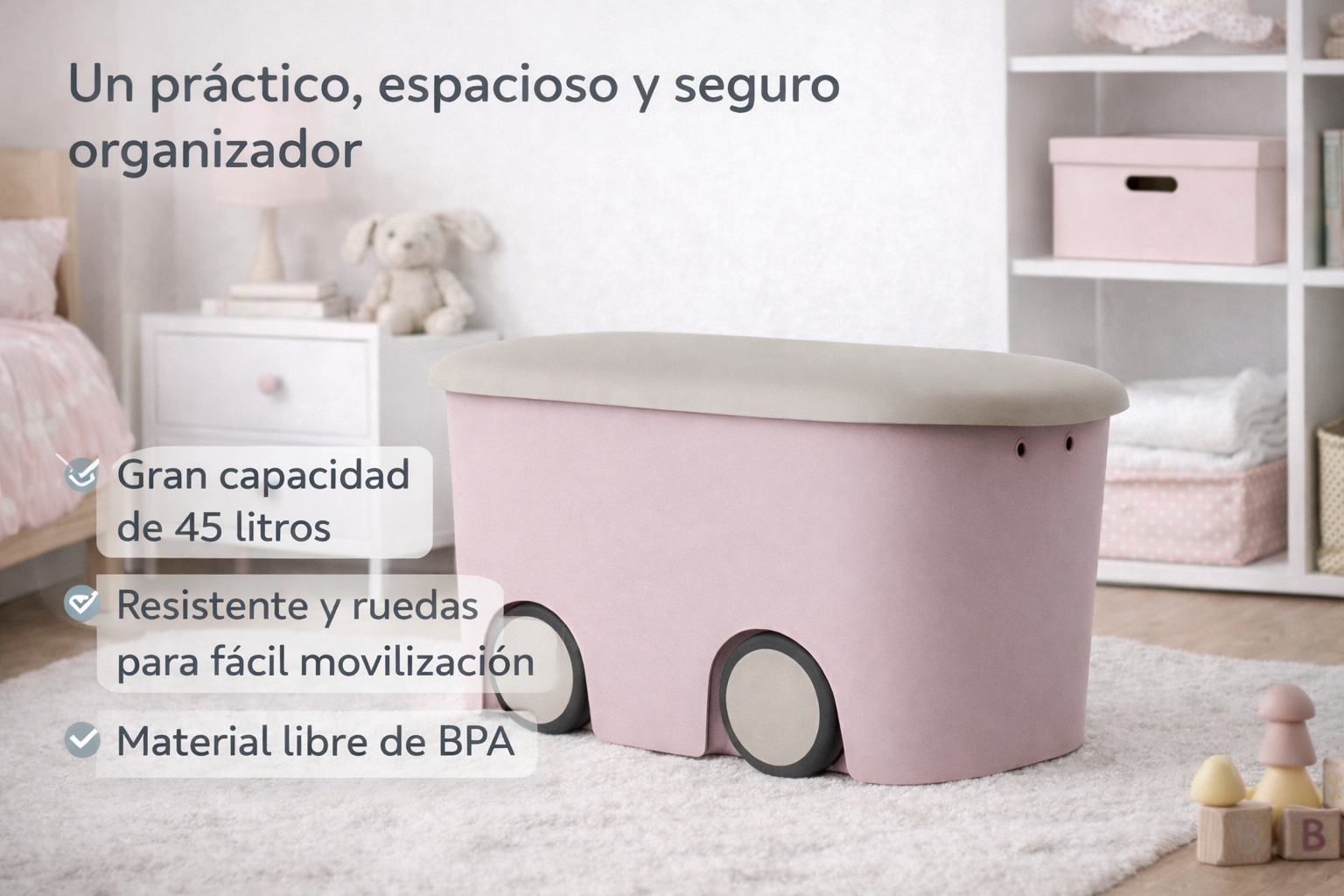 Caja de almacenamiento de plástico con ruedas y tapa | Color rosa | 45 litros | Medidas: 58x38x32 cm