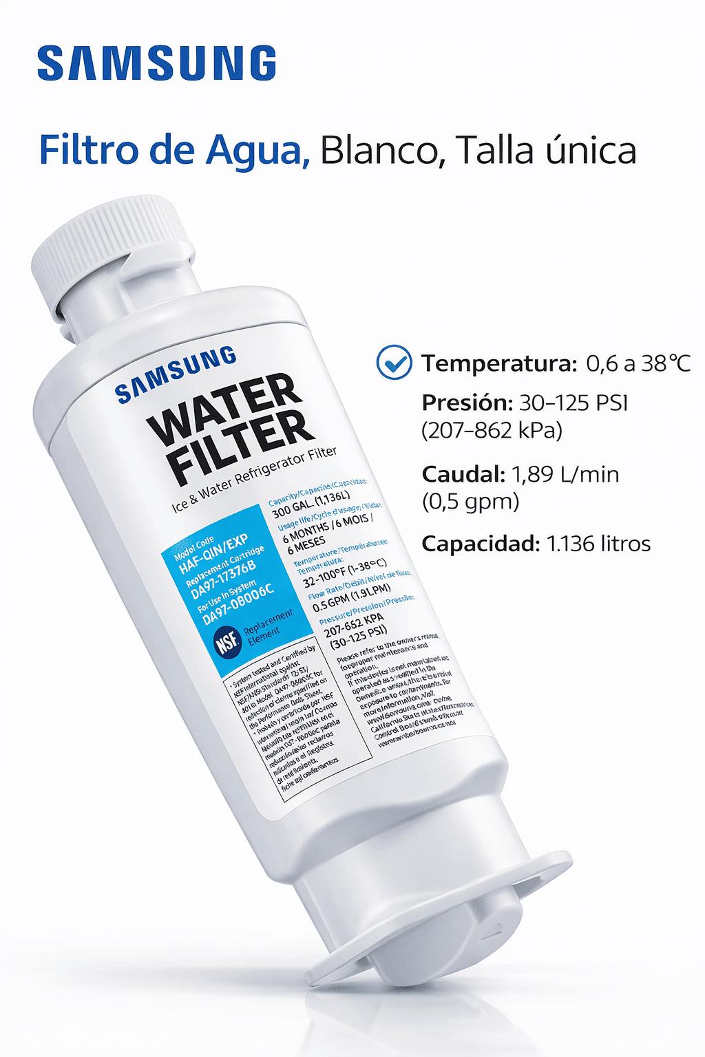 Filtro de Agua Compatible con Samsung HAF-QIN / DA97-17376B / DA97-08006C / Original