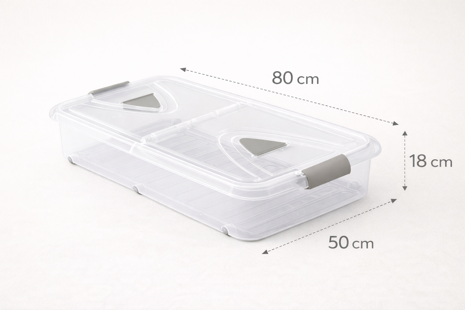Caja de almacenaje de plástico transparente con ruedas y tapa, Capacidad 60 L, Medidas: 80x50x18 cm