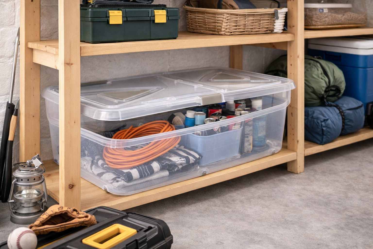 Caja de almacenaje de plástico transparente con ruedas y tapa, Capacidad 60 L, Medidas: 80x50x18 cm