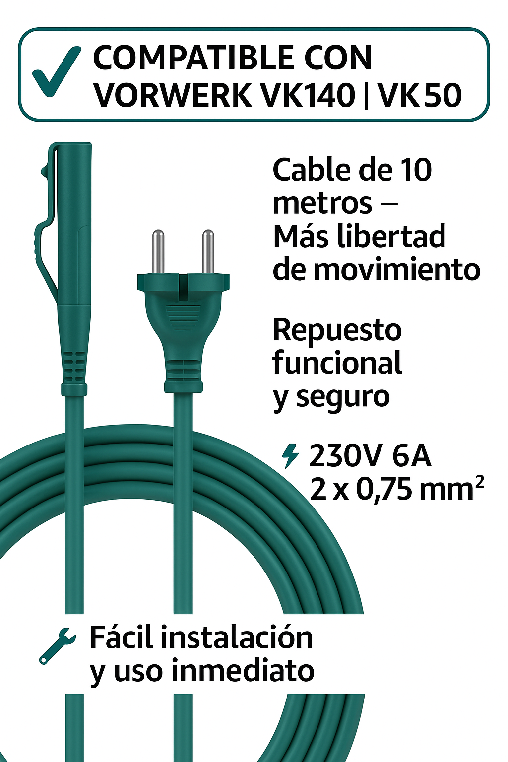 Cable para aspiradora de 10m compatible con Vorwerk Kobold VK140 y VK150