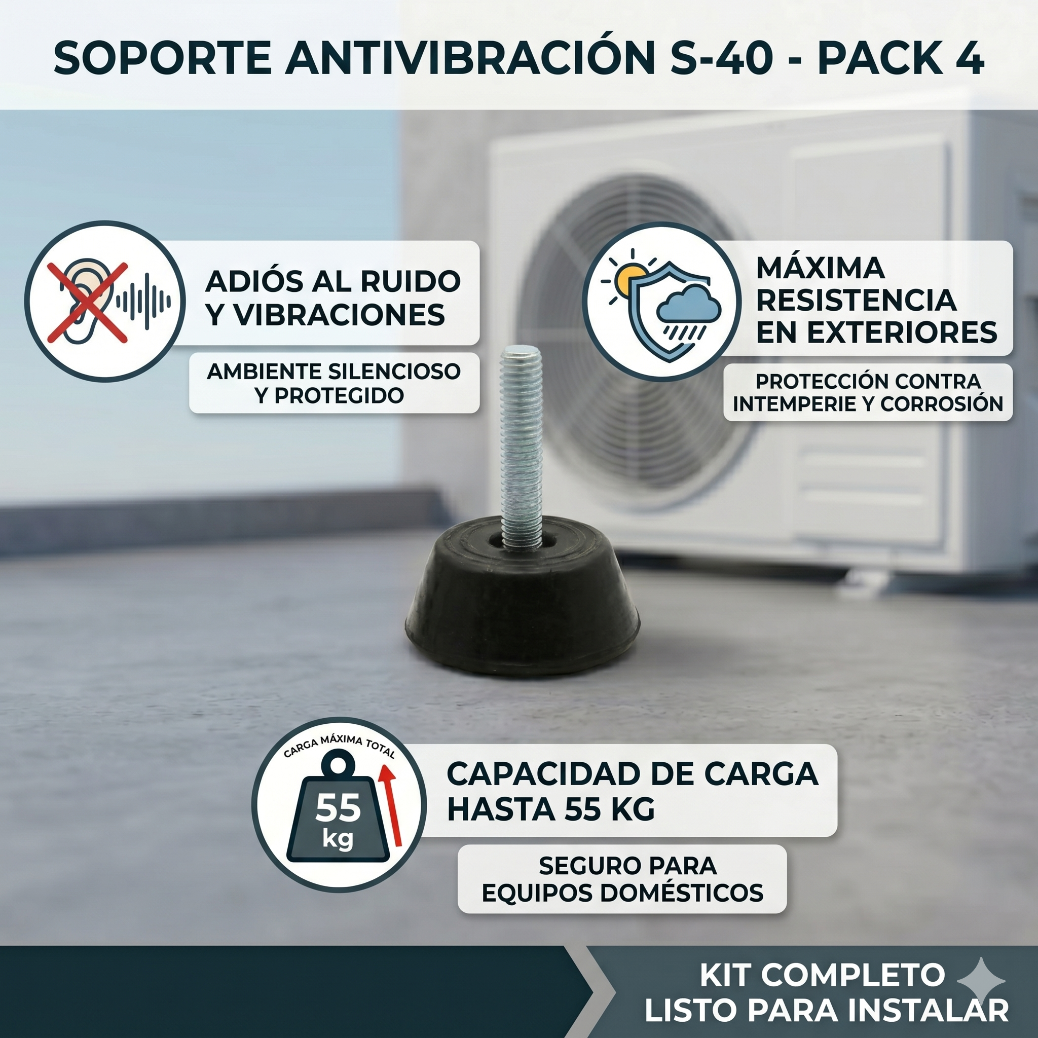 Pack 4 Silentblock Antivibración S-40 para Suelo de Aire Acondicionado | Soporta hasta 55kg , Incluye Tuercas y Arandelas | Patas de Goma y Acero Cincado Amortiguador de Ruido y Vibraciones
