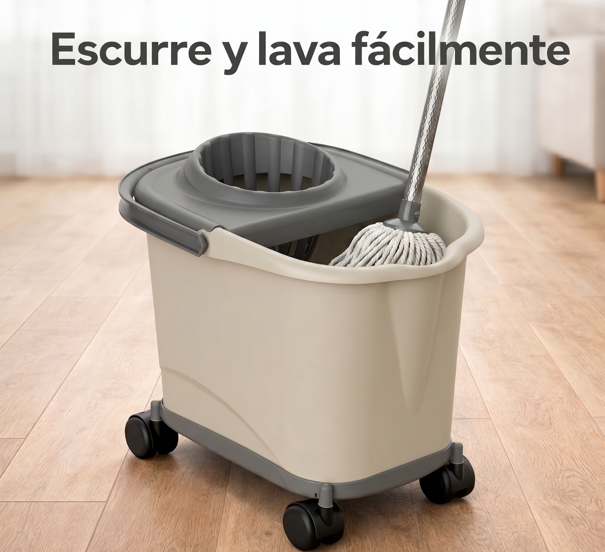 Cubo de fregona rectangular de plástico con escurridor y ruedas 360º, Color Beige, 16L, 39x29x35 cm