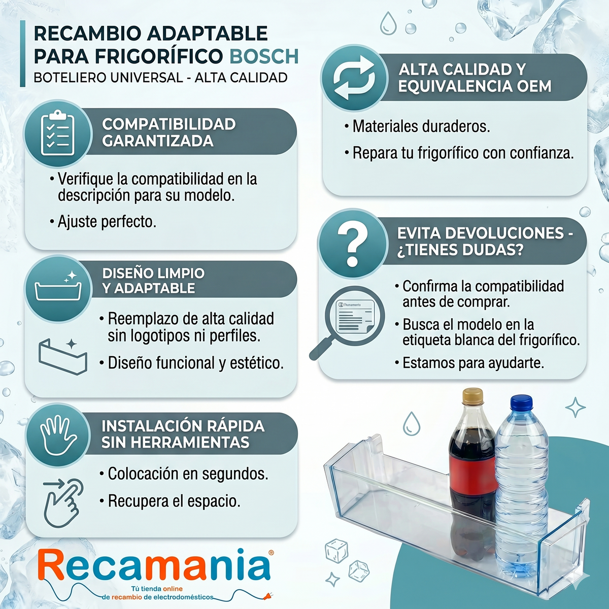 Estante Botellero Frigorífico Compatible con BOSCH 00709646 | Sustituye 00744473, 00705901, 00704751 | Transparente Sin Logo n