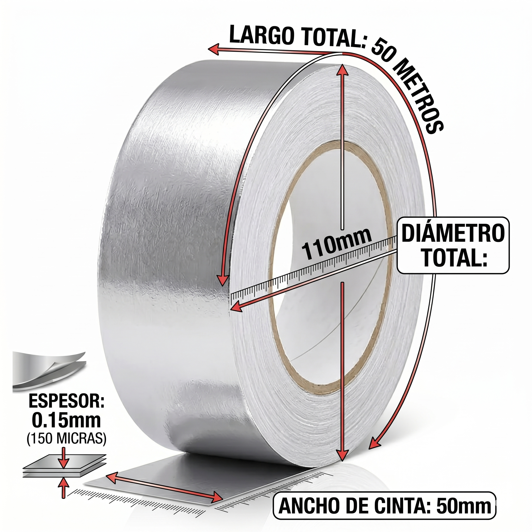 Cinta adhesiva de aluminio 50mm x 50m alta temperatura para reparación de conductos y aire acondicio