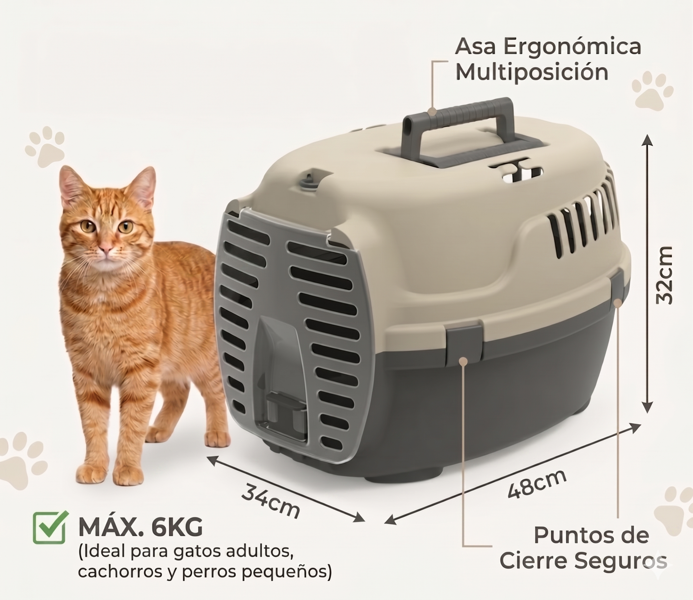 Transportín de plástico para mascotas con puerta y asa | Color Beige | Medidas 48x34x32cm | Máx. 6Kg