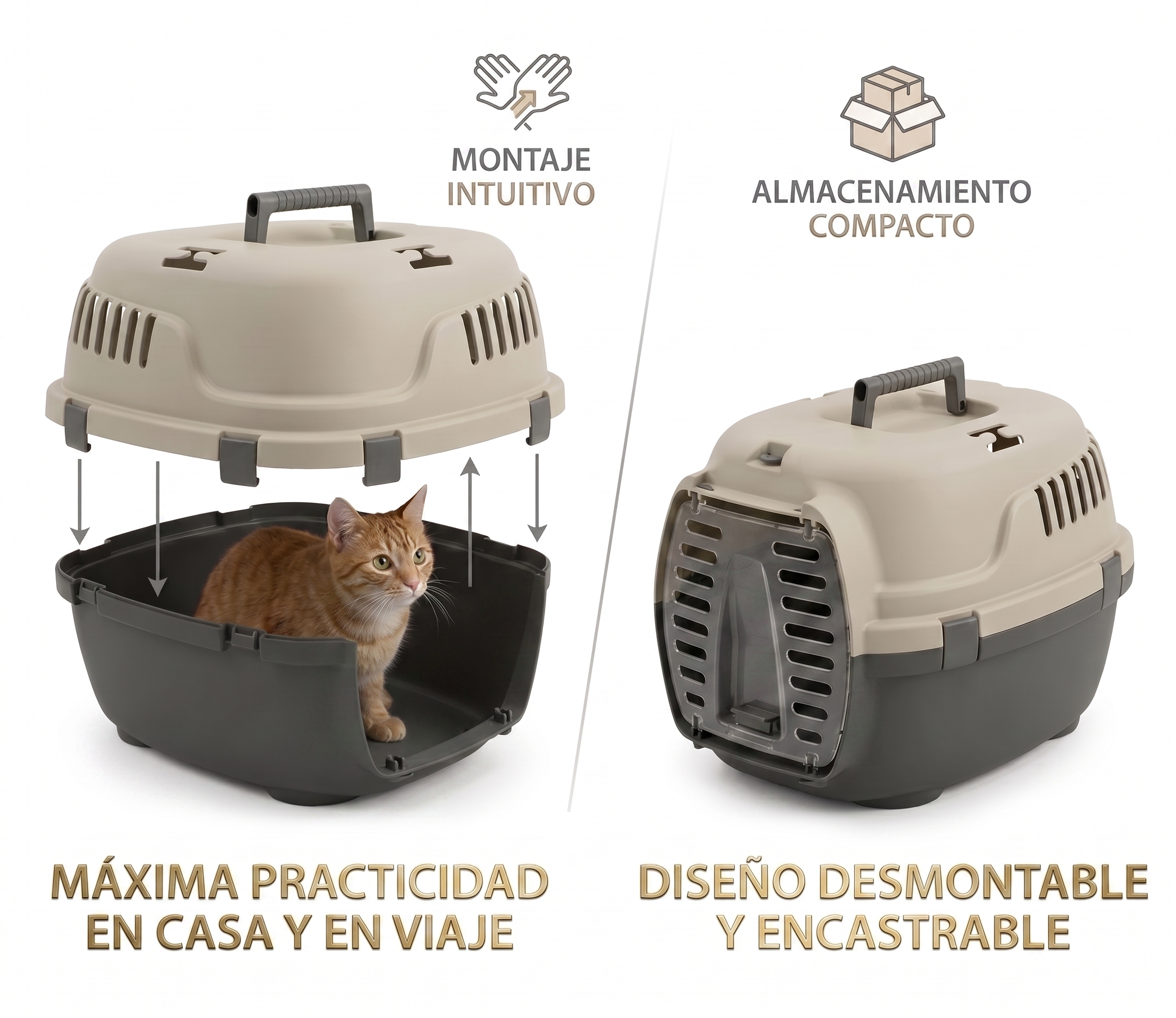 Transportín de plástico para mascotas con puerta y asa | Color Beige | Medidas 48x34x32cm | Máx. 6Kg