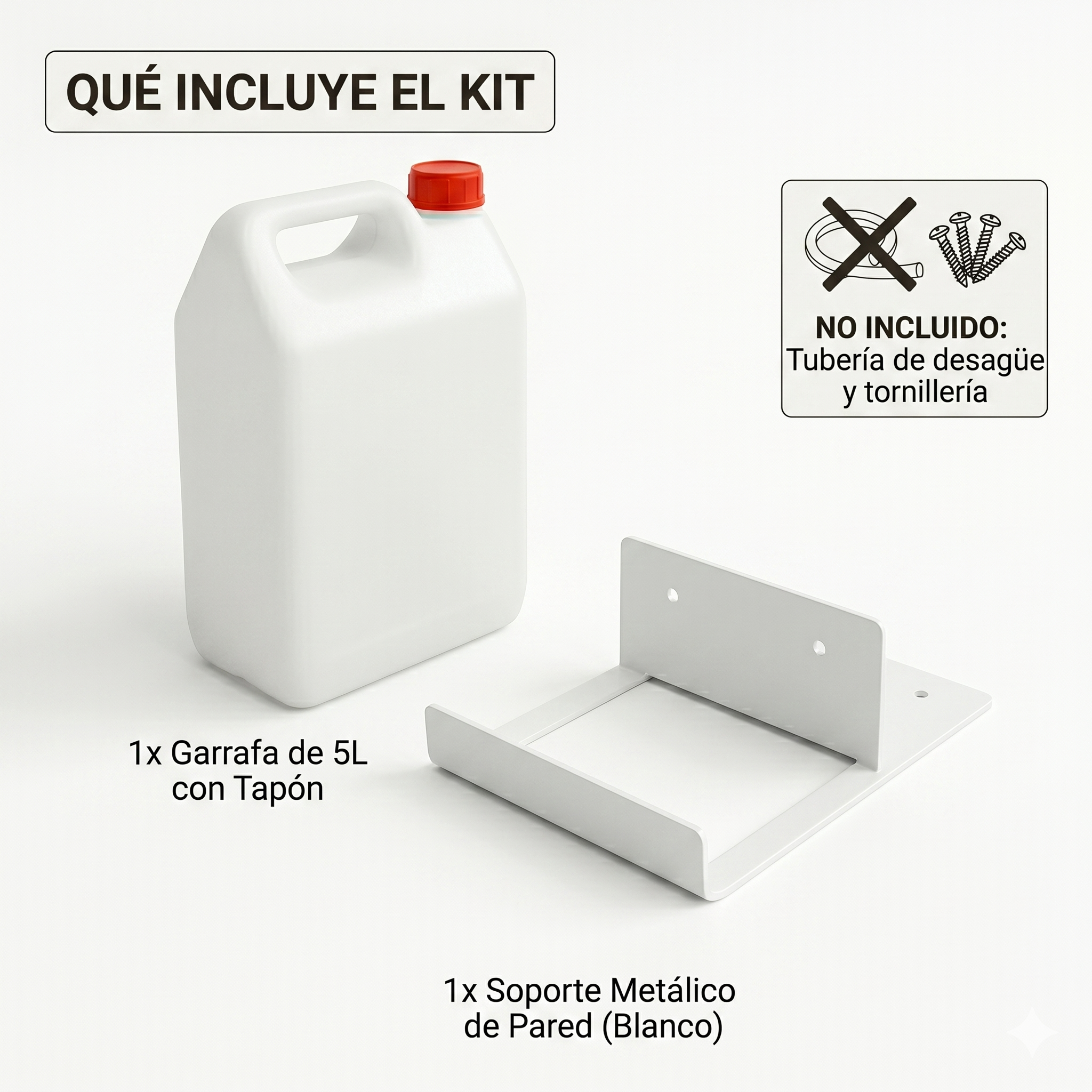 Kit Garrafa Desagüe para Aire Acondicionado | Garrafa de Plástico 5 Litros con Tapón y Soporte Metálico de Pared en U | Depósito de Condensación Universal para Exterior e Interior