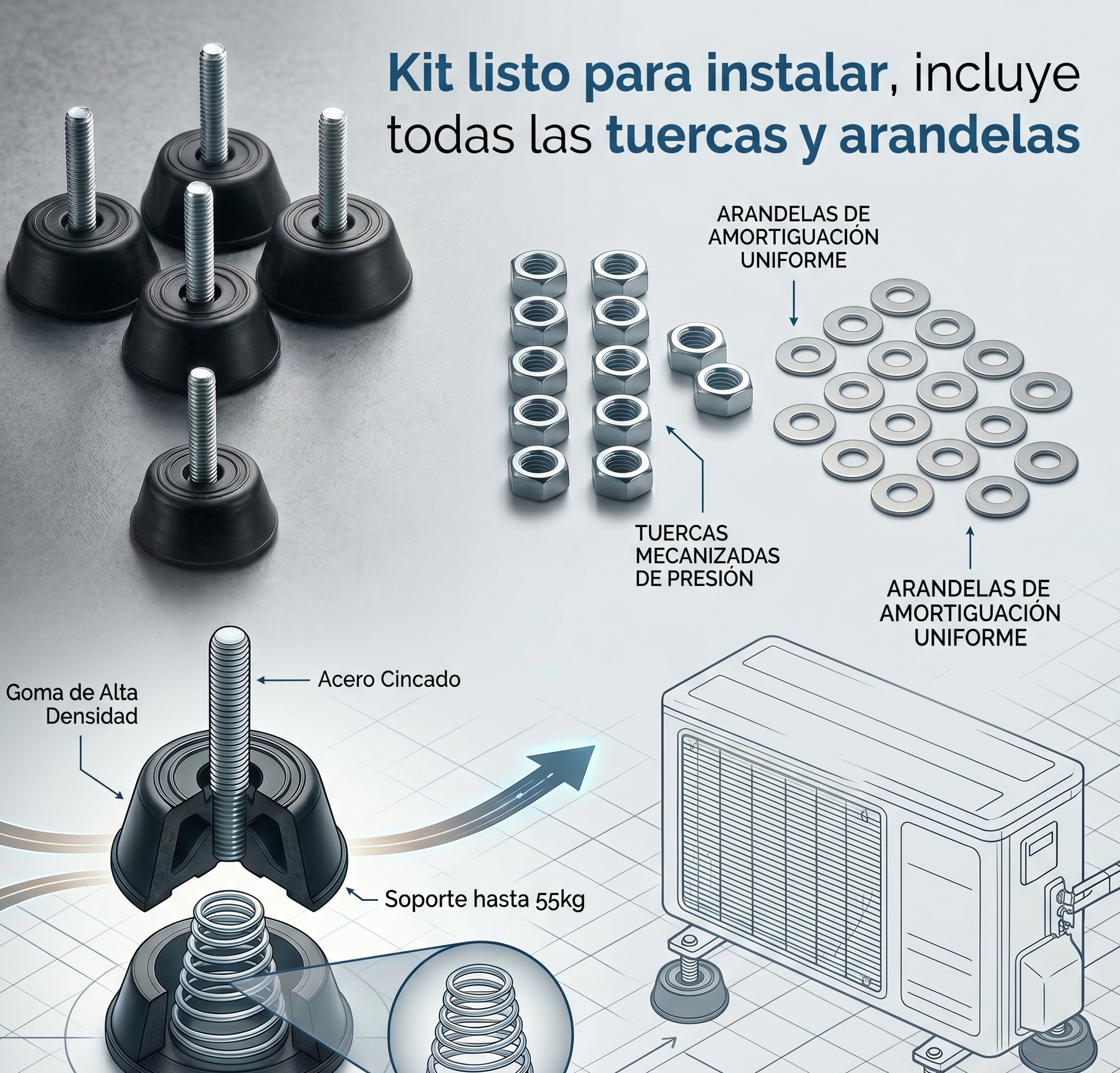 Pack 4 Silentblock Antivibración S-40 para Suelo de Aire Acondicionado | Soporta hasta 55kg , Incluye Tuercas y Arandelas | Patas de Goma y Acero Cincado Amortiguador de Ruido y Vibraciones