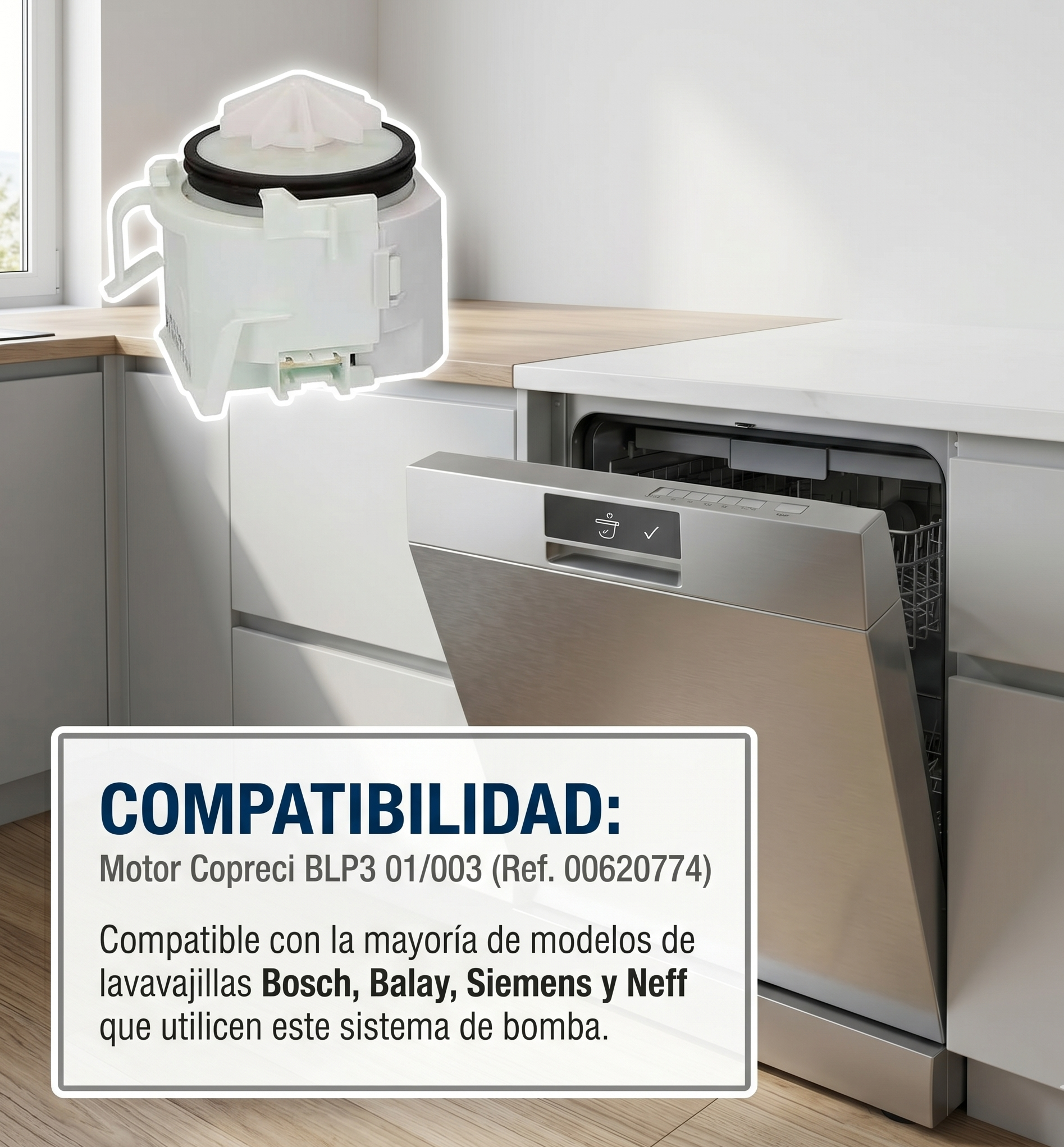 Bomba de Desagüe para Lavavajillas Bosch, Balay, Siemens, Neff | Motor de Drenaje Copreci BLP3 01/003 | Recambio Compatible con