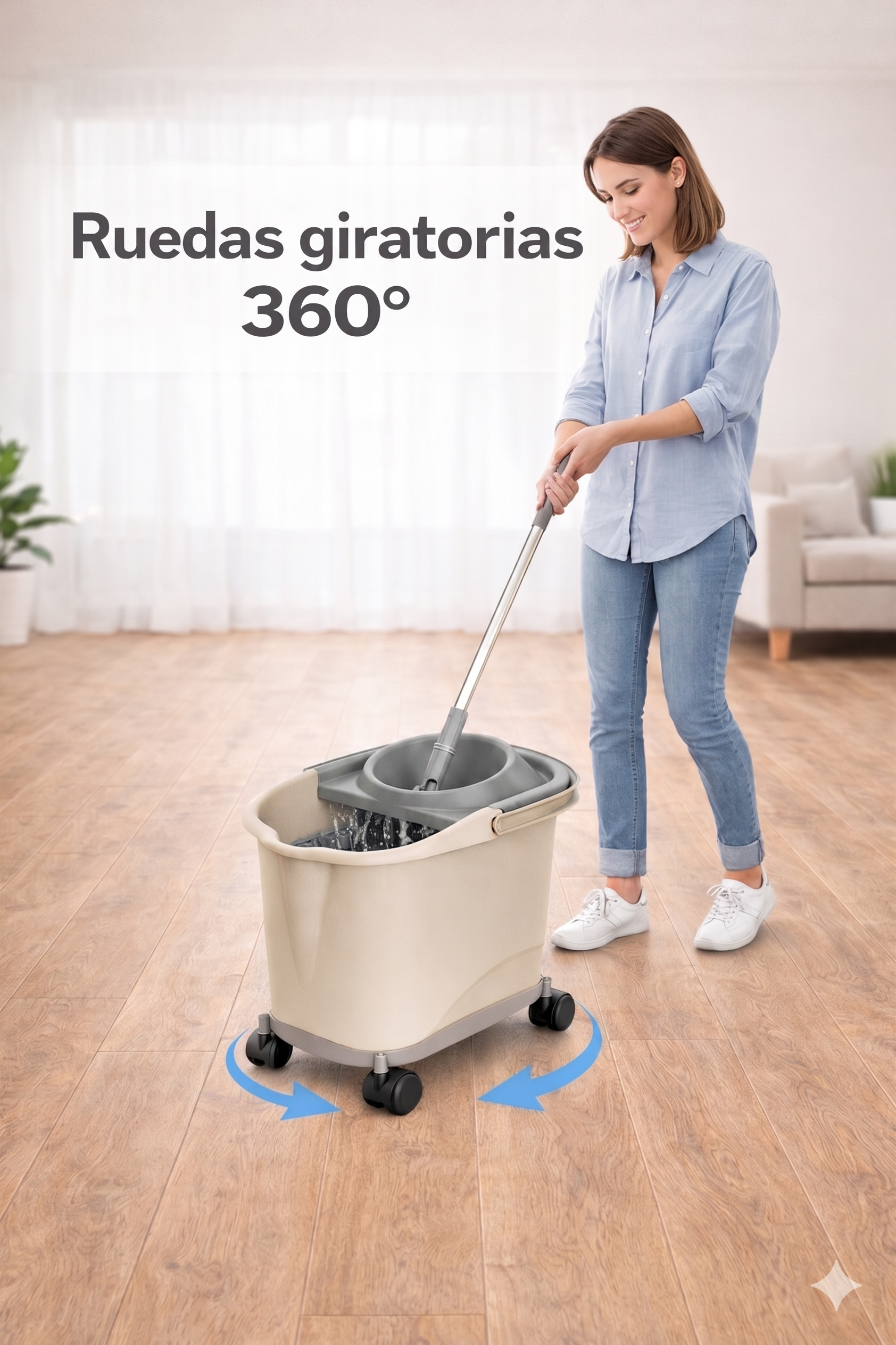 Cubo de fregona rectangular de plástico con escurridor y ruedas 360º, Color Beige, 16L, 39x29x35 cm