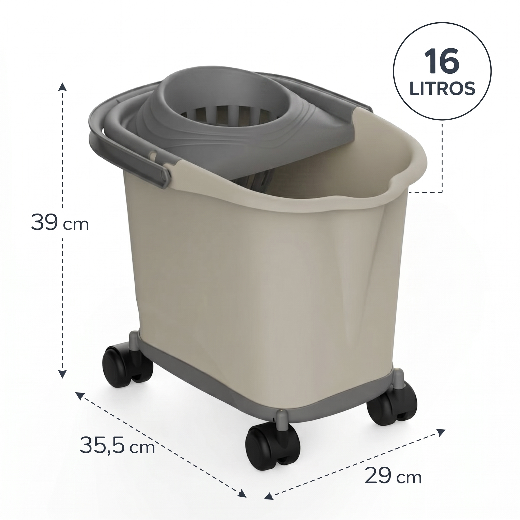 Cubo de fregona rectangular de plástico con escurridor y ruedas 360º, Color Beige, 16L, 39x29x35 cm