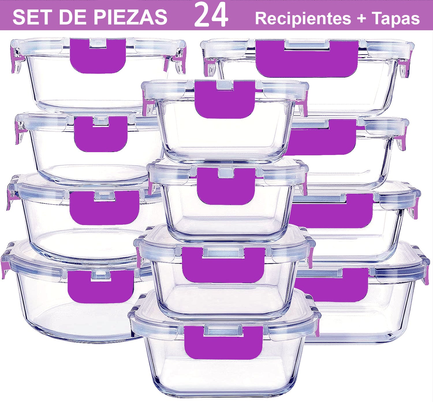 Recipientes de Cristal Para Alimentos - 24 Piezas (12 recipientes y 12 tapas) - Apto lavavajillas
