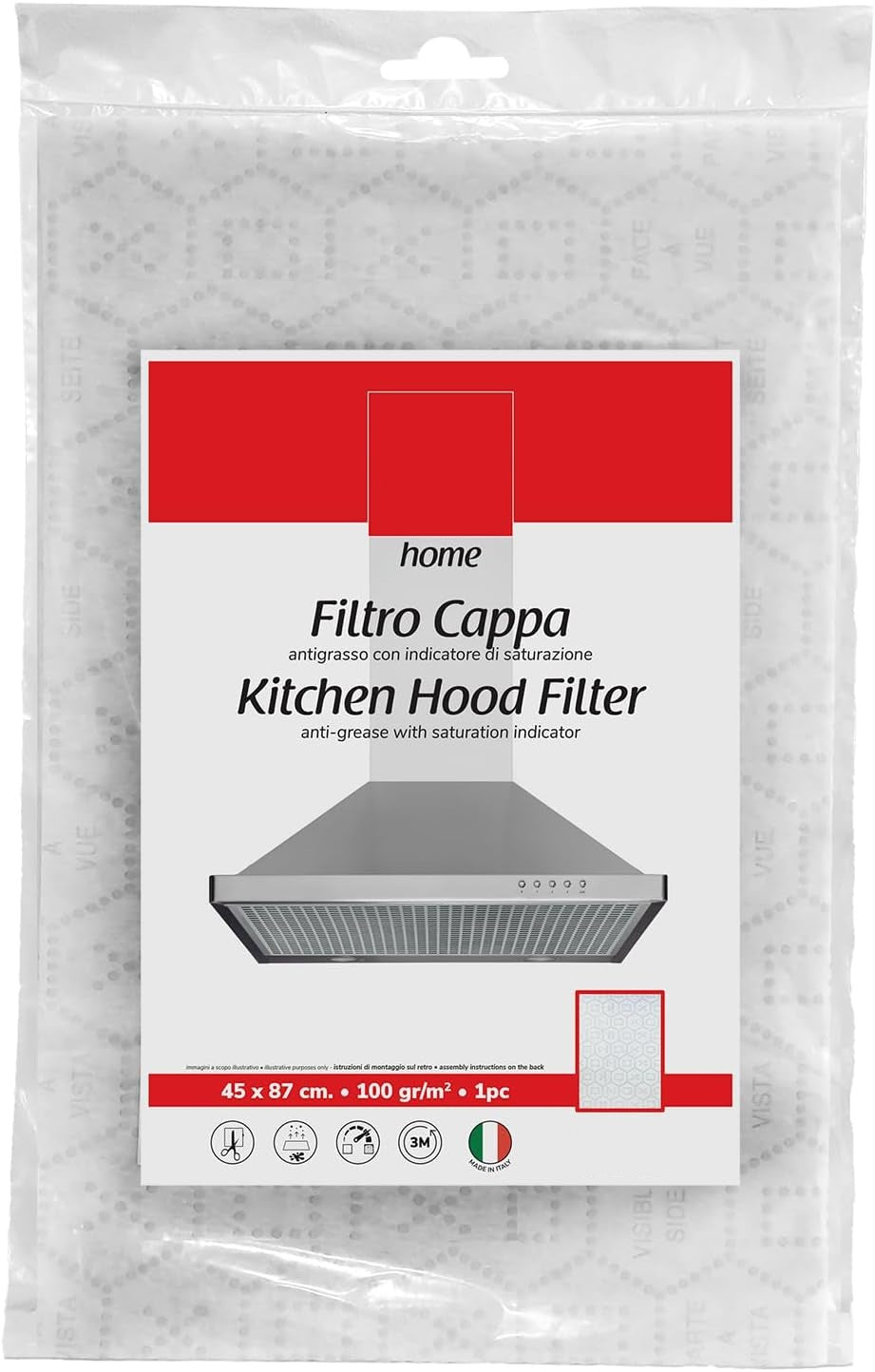 Filtro universal recortable para campanas extractoras, medidas 87x45 cm, con indicador de saturación