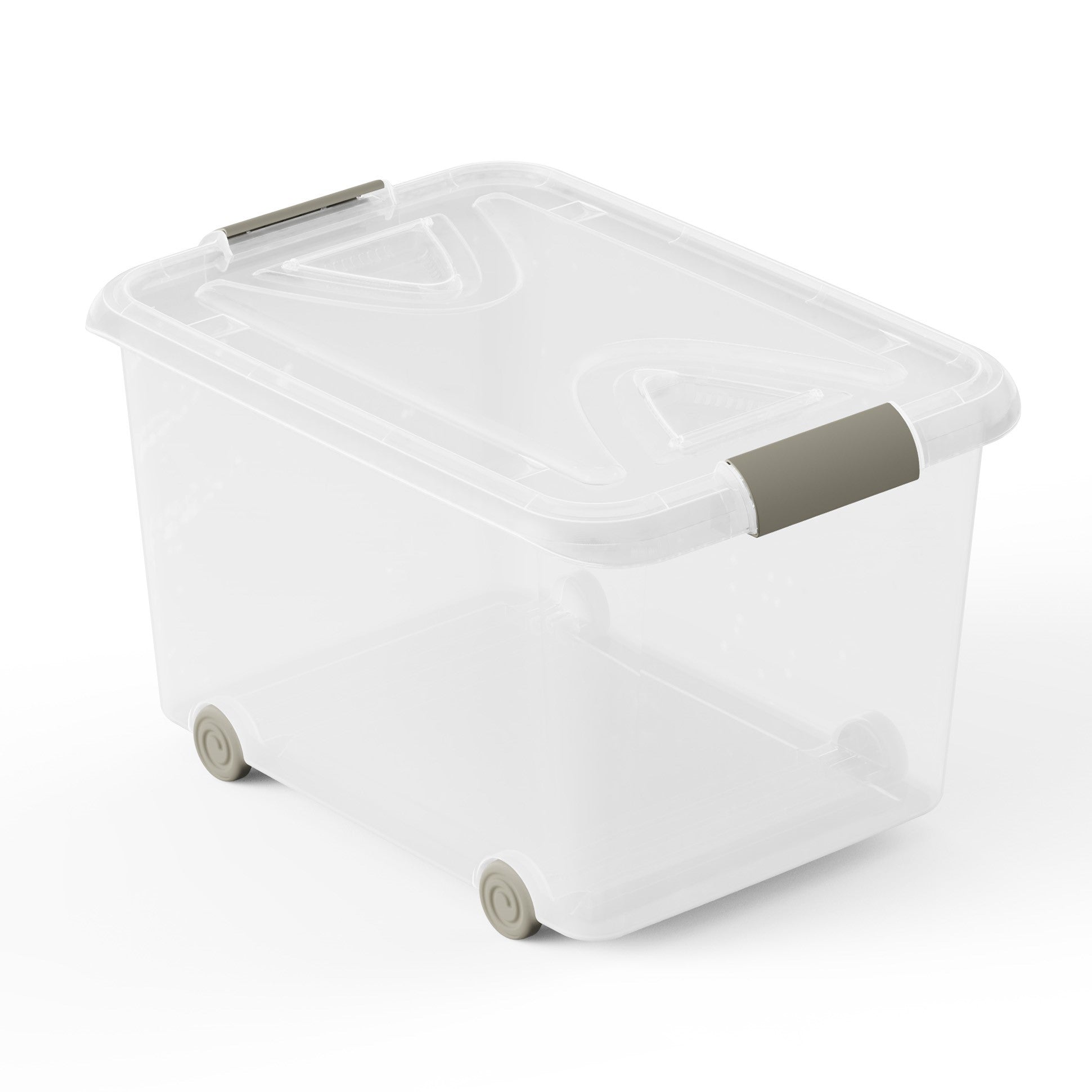 Caja de almacenaje de plástico transparente con ruedas y tapa, Capacidad 70 L, Medidas: 63x45x38 cm