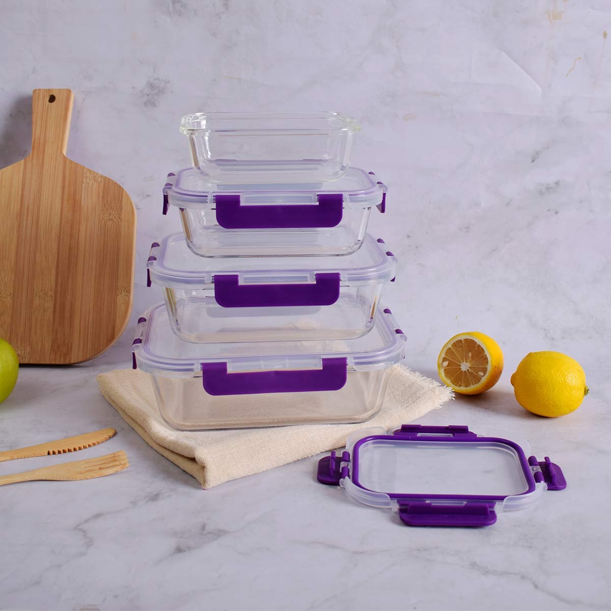 Recipientes de Cristal para Alimentos - 8 Piezas (4 recipientes y 4 tapas) - Apto para lavavajillas, Microondas y congelador - a