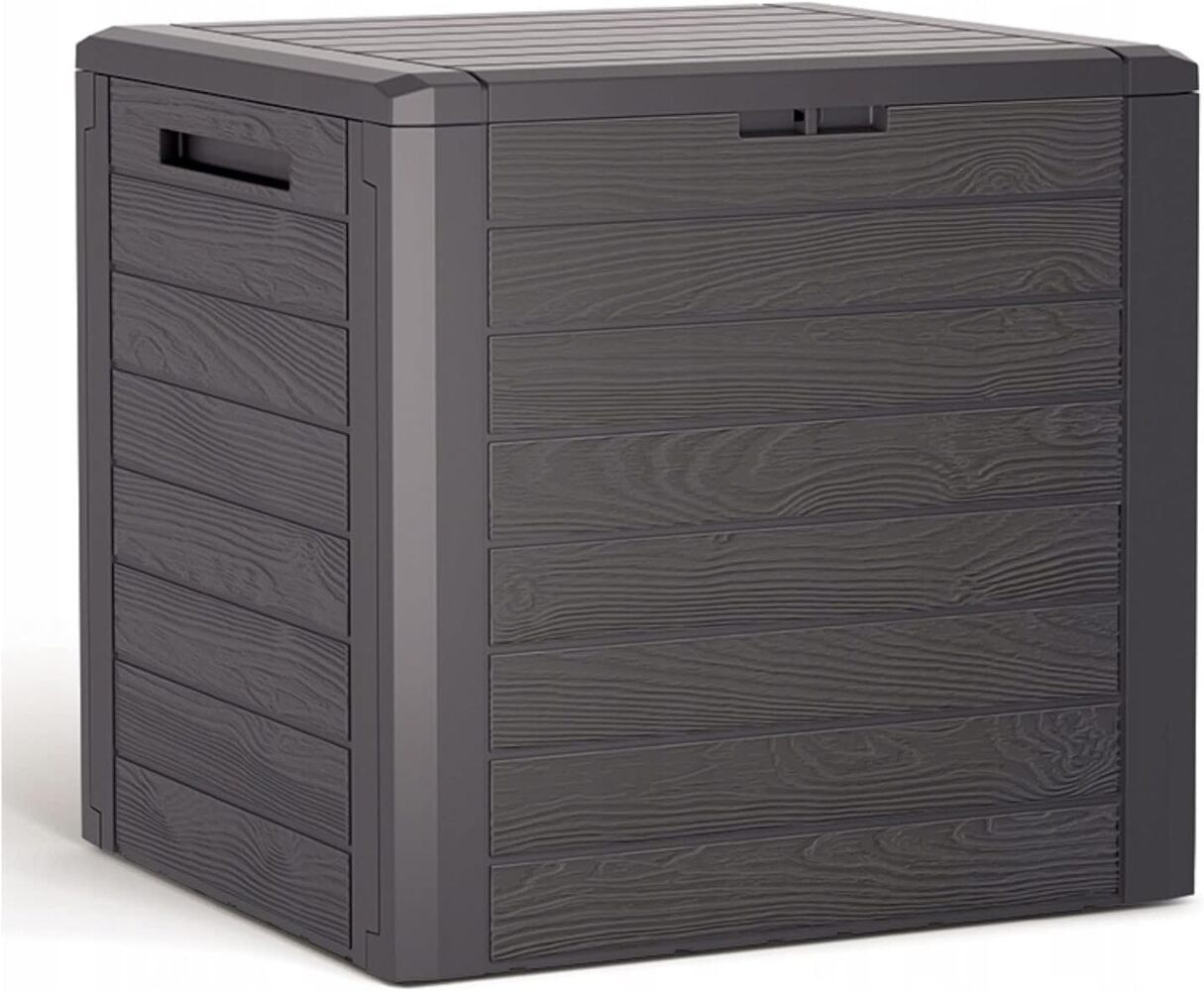 Baúl de almacenaje de plástico marrón estilo madera, tapa y dos asas, 140 L, Medidas: 585x460x550 mm