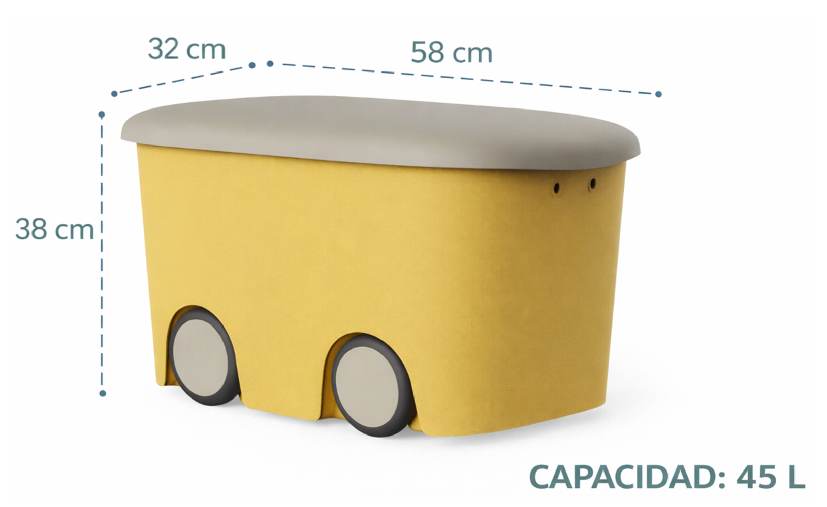 Caja almacenamiento de plástico con ruedas y tapa | Color amarillo | 45 litros | Medidas 58x38x32 cm