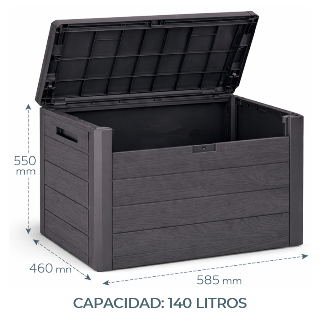 Baúl de almacenaje de plástico marrón estilo madera, tapa y dos asas, 140 L, Medidas: 585x460x550 mm