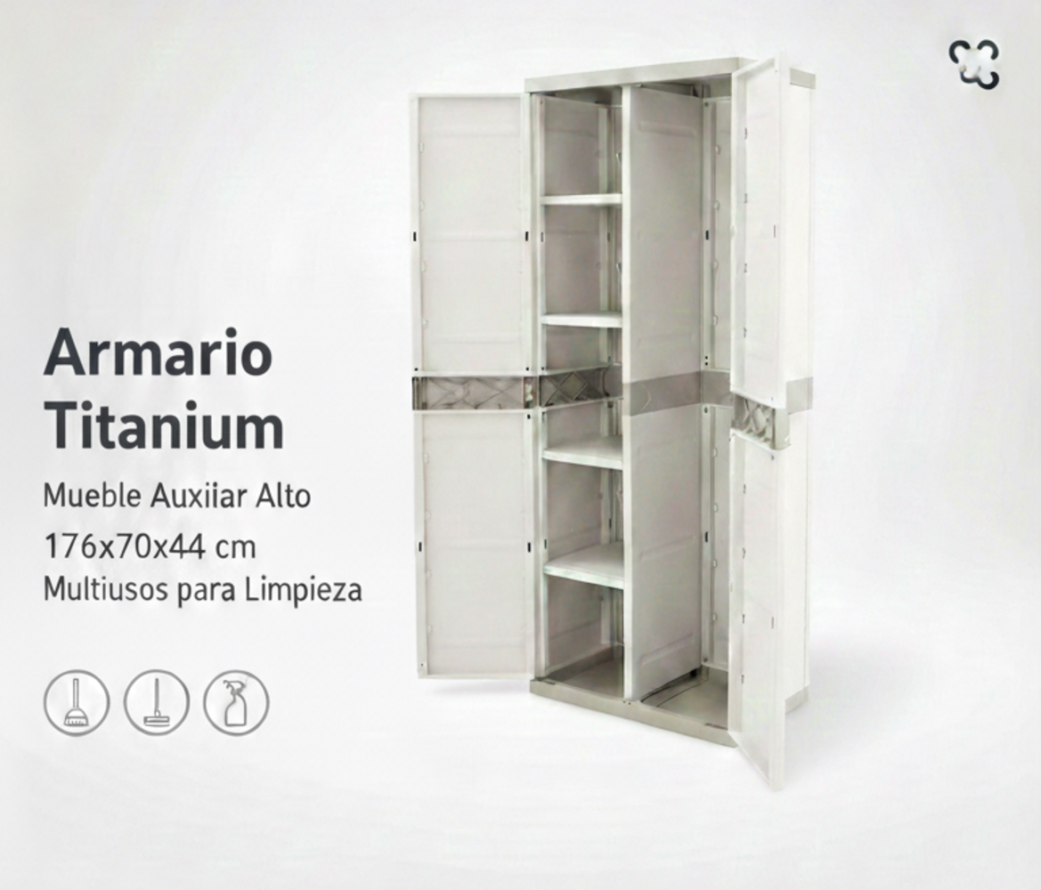 Armario Escobero 70 cm Titanium – Mueble Auxiliar Alto 176x70x40,5cm – Multiusos para Limpieza
