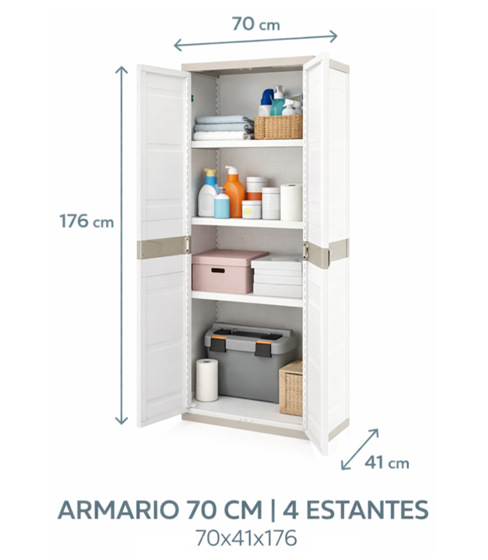 Armario de plástico, color Beige, 2 puertas, 4 baldas regulables en altura | Medidas: 176x70x41 cm