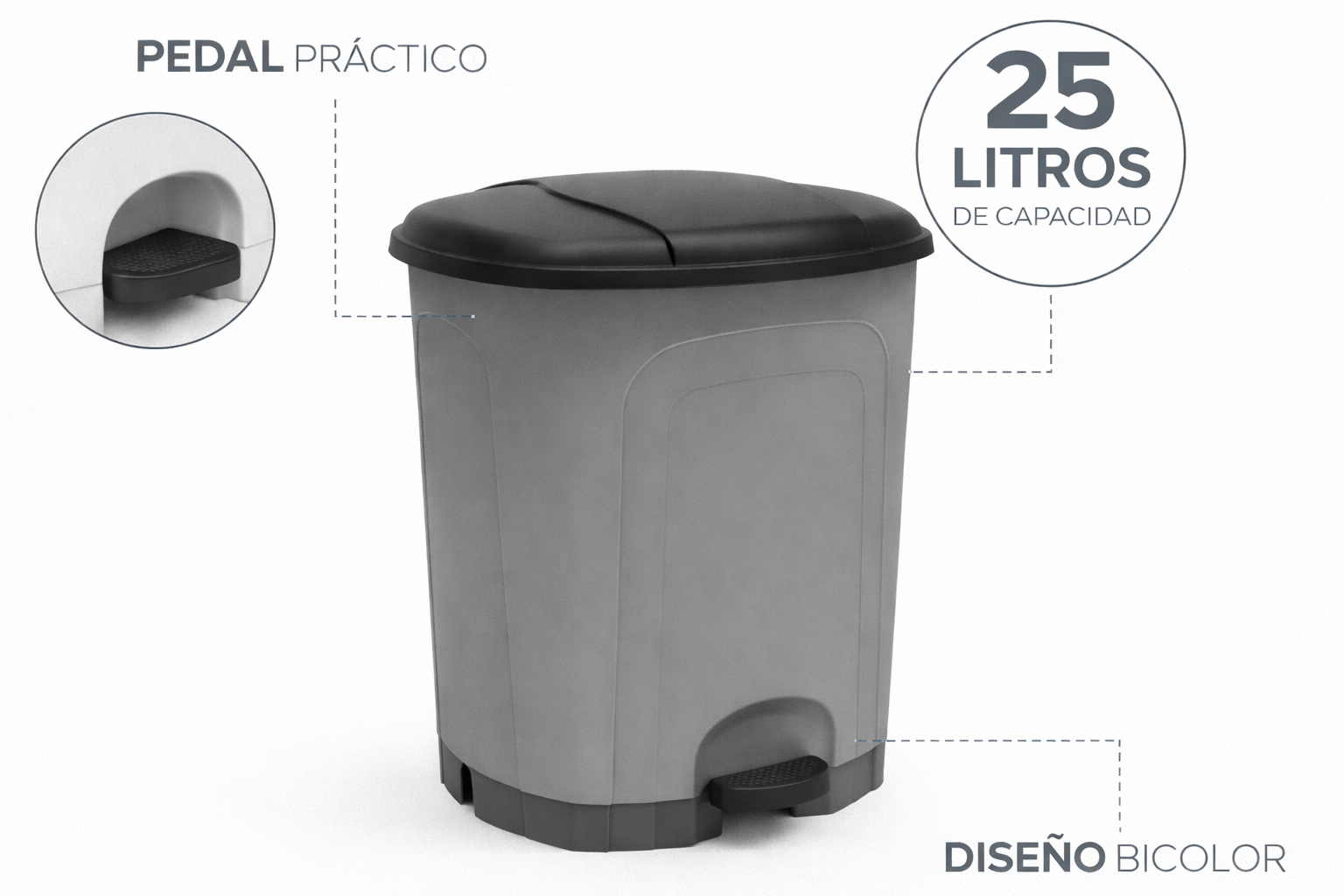 Cubo de basura cocina de plástico con pedal | Color Gris | Capacidad: 25 litros | Tapa color negro