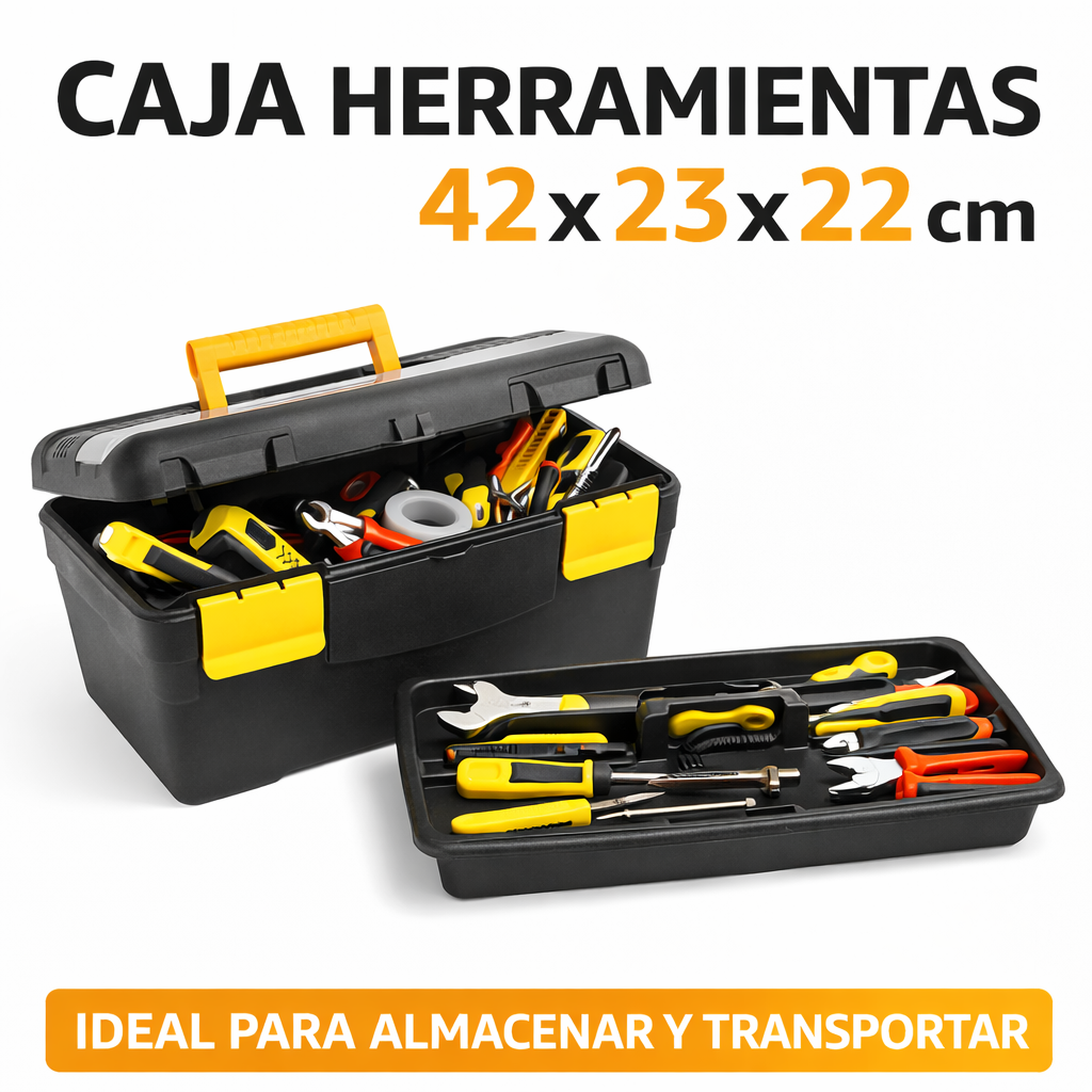 Caja herramientas de plástico con asa | Color Negro y Amarillo | Medidas: 42x23x22 cm