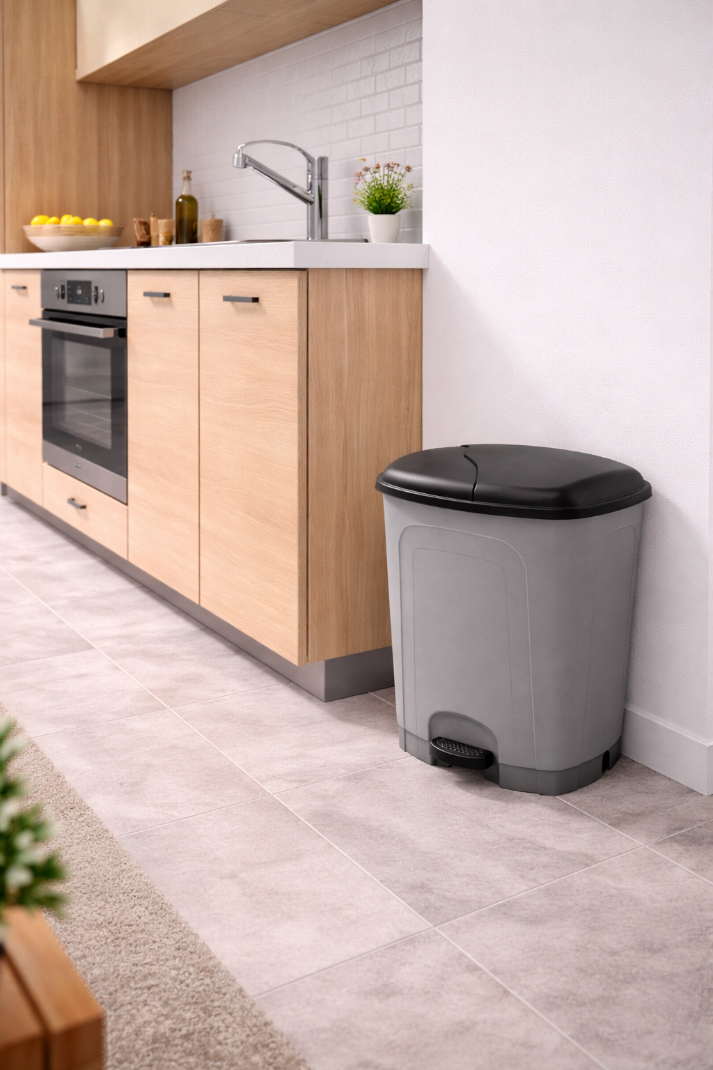 Cubo de basura cocina de plástico con pedal | Color Gris | Capacidad: 15 litros | Tapa color negro