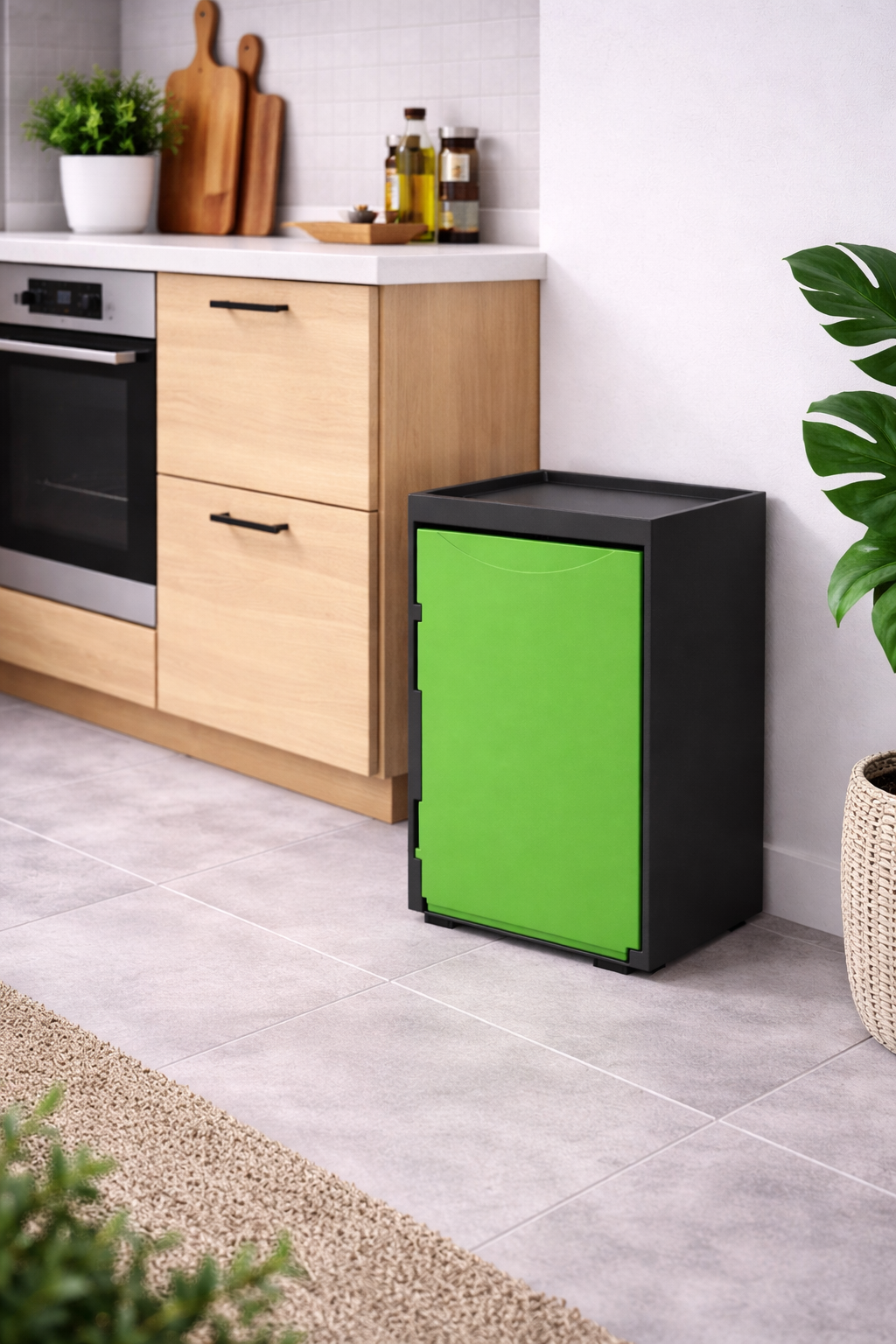 Cubo apilable de reciclaje de plástico con apertura frontal - Color Verde - Medidas: 46x28x27 cm